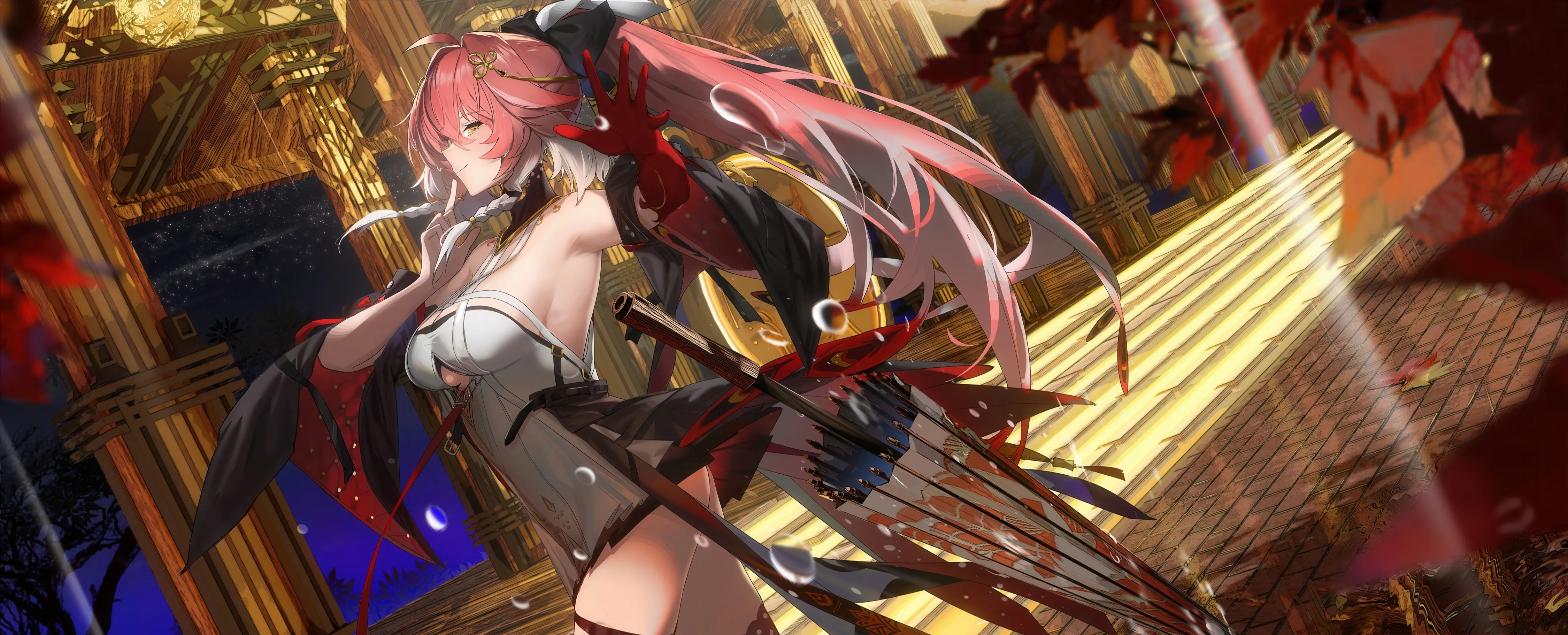1girl,breasts,cleavage,sideboob,dutch_angle,bangs,solo,hair_ornament,gloves,horizontal,oil-paper_umbrella,white_dress,pink_hair,red_gloves,green_eyes,armpits,large_breasts,dress,long_hair,umbrella,ponytail