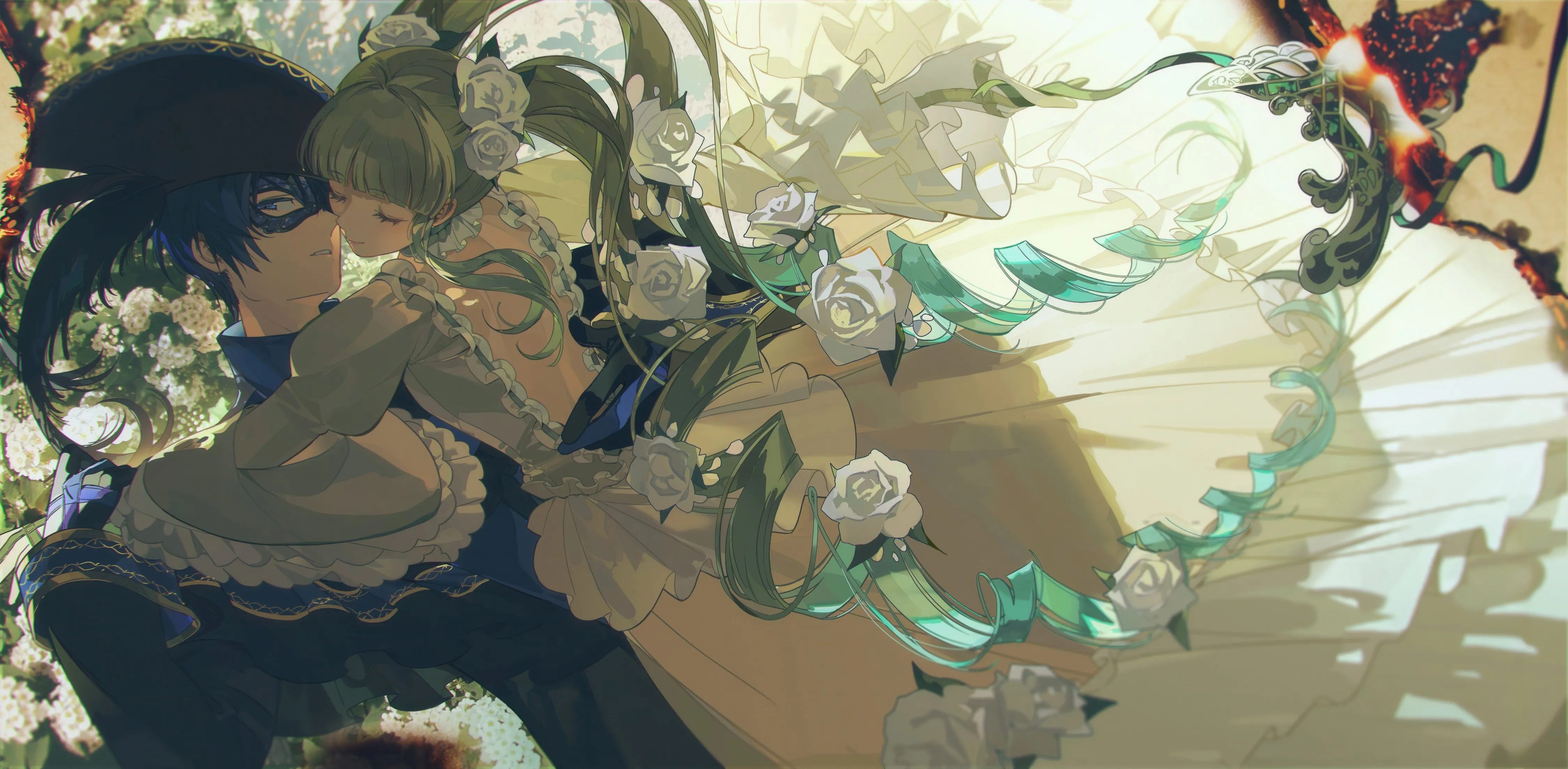 1girl,1boy,bangs,closed_eyes,twintails,hair_flower,hair_ornament,hat,very_long_hair,gloves,hug,carrying,horizontal,rose,white_rose,white_flower,white_dress,smile,green_hair,frills,frilled_sleeves,blue_hair,dancing,dress,drill_hair,long_hair,long_sleeves,mask,flower