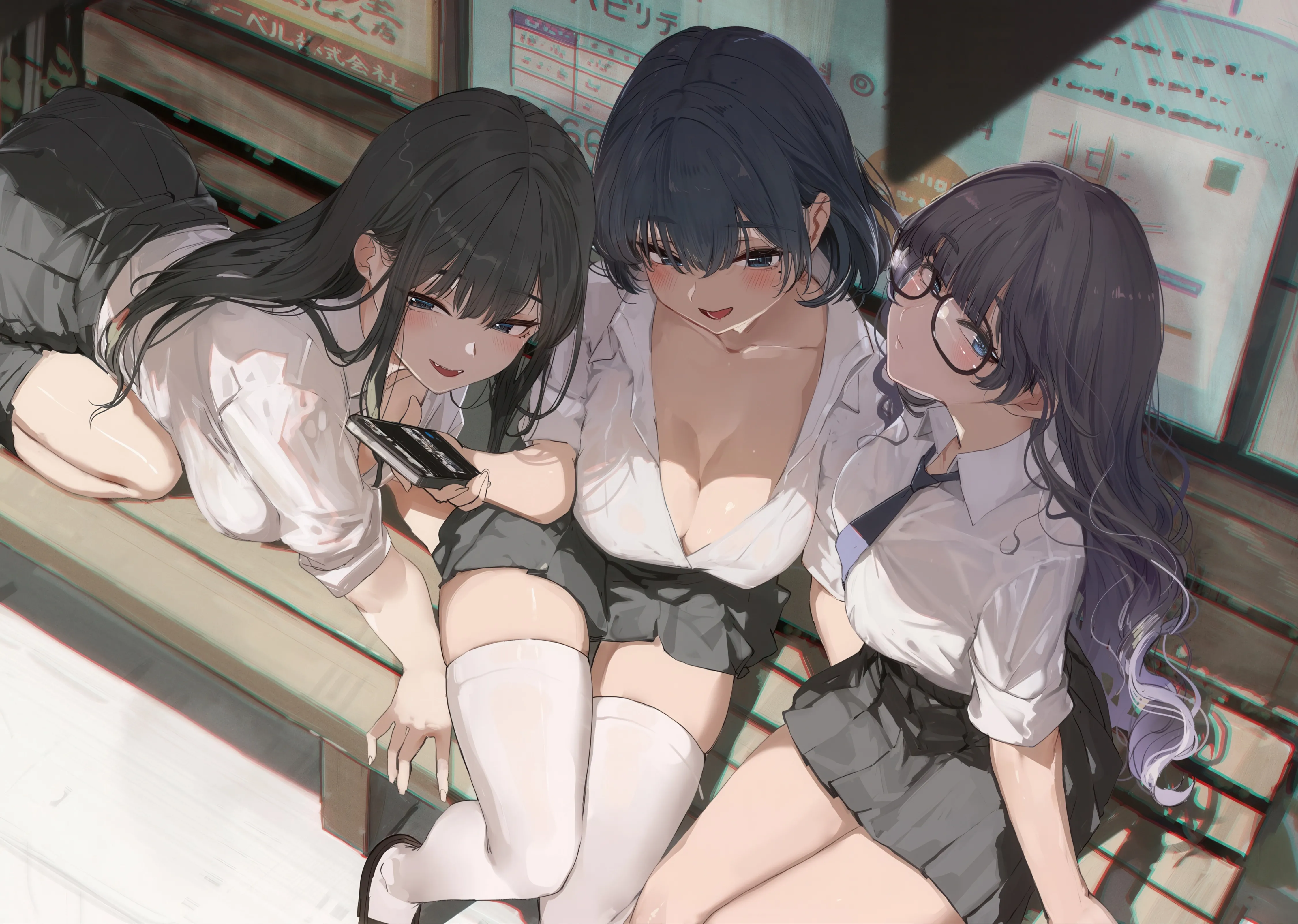 3girls,breasts,cleavage,from_above,bangs,sleeves_rolled_up,sitting,multiple_girls,thighs,open_mouth,phone,holding_phone,holding,smartphone,collared_shirt,school_uniform,horizontal,grey_skirt,white_shirt,pleated_skirt,looking_at_viewer,glasses,short_hair,skirt,cellphone,smile,blush,blue_eyes,shirt,large_breasts,thighhighs,collarbone,bench,long_hair,necktie,black_hair,black_eyes,black_skirt