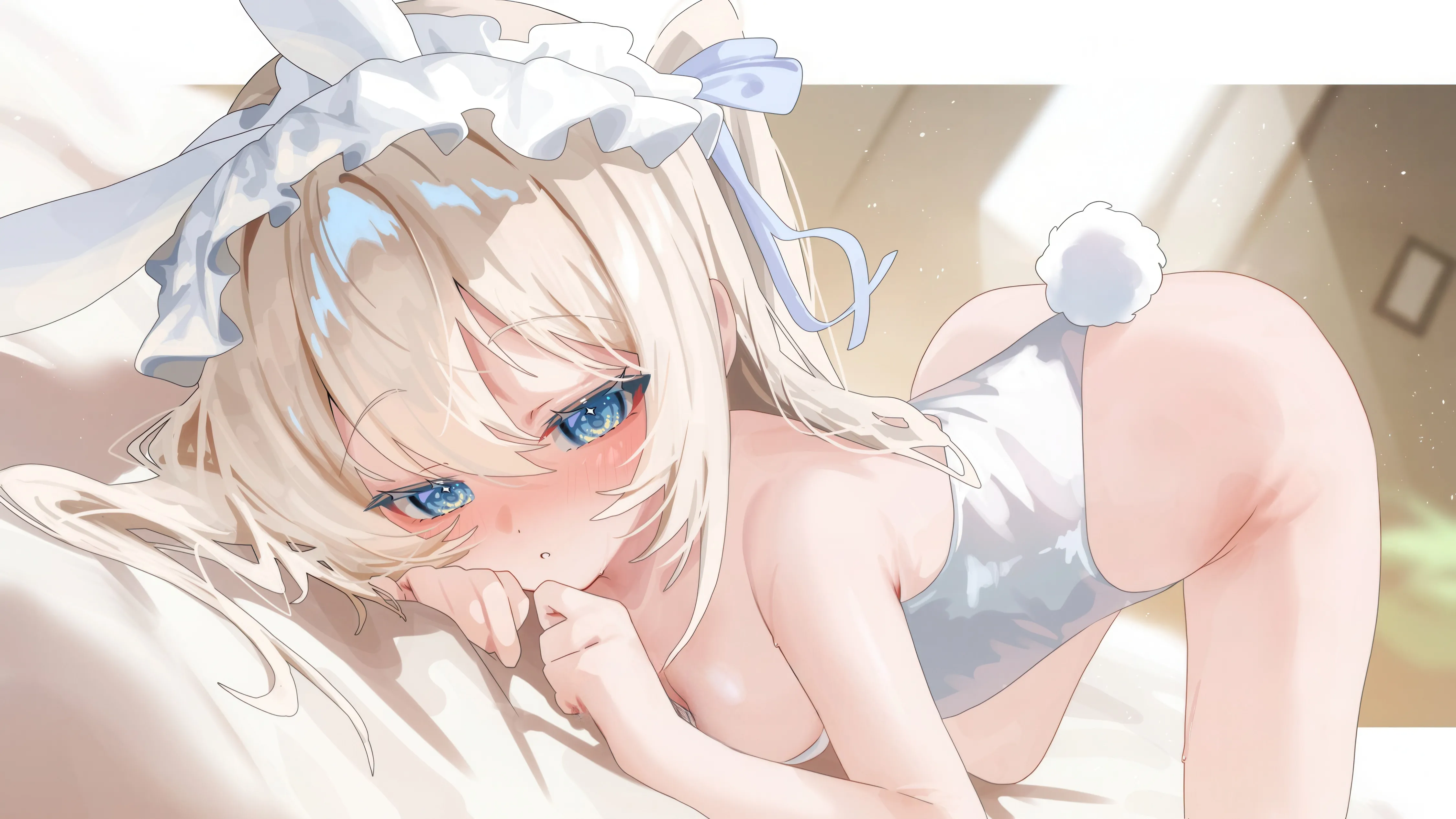 1girl,ribbon,medium_breasts,breasts,cleavage,playboy_bunny,rabbit_tail,rabbit_ears,animal_ears,bangs,fake_animal_ears,solo,hairband,all_fours,on_bed,thighs,hair_ribbon,maid_headdress,indoors,two_side_up,tail,ass,hair_between_eyes,parted_lips,strapless,strapless_leotard,blurry,horizontal,white_leotard,looking_at_viewer,leotard,top-down_bottom-up,blush,frilled_hairband,blue_eyes,bare_legs,bare_arms,small_breasts,blonde_hair,long_hair,bare_shoulders,highleg,highleg_leotard