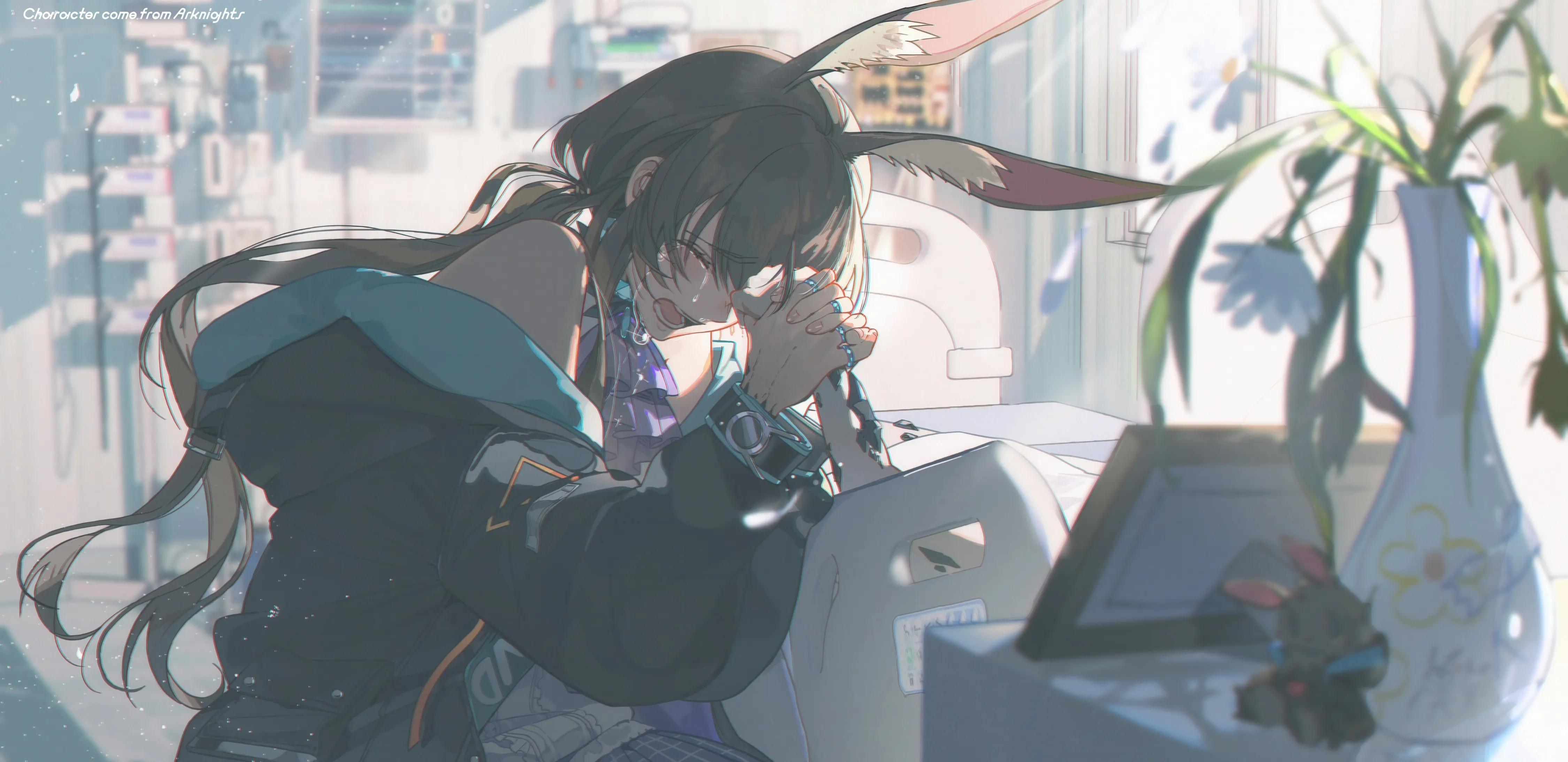 1girl,rabbit_ears,hood,animal_ears,bangs,solo,own_hands_together,closed_eyes,crying,sitting,multiple_rings,sidelocks,jacket,indoors,hair_between_eyes,very_long_hair,ring,knees_up,sleeveless,sleeveless_shirt,brown_hair,plant,horizontal,stuffed_bunny,stuffed_animal,stuffed_toy,hood_down,jewelry,white_shirt,tears,skirt,purple_ascot,blue_ascot,shirt,open_jacket,open_clothes,hooded_jacket,pantyhose,long_hair,long_sleeves,bare_shoulders,off_shoulder,ascot,ponytail,flower,black_jacket
