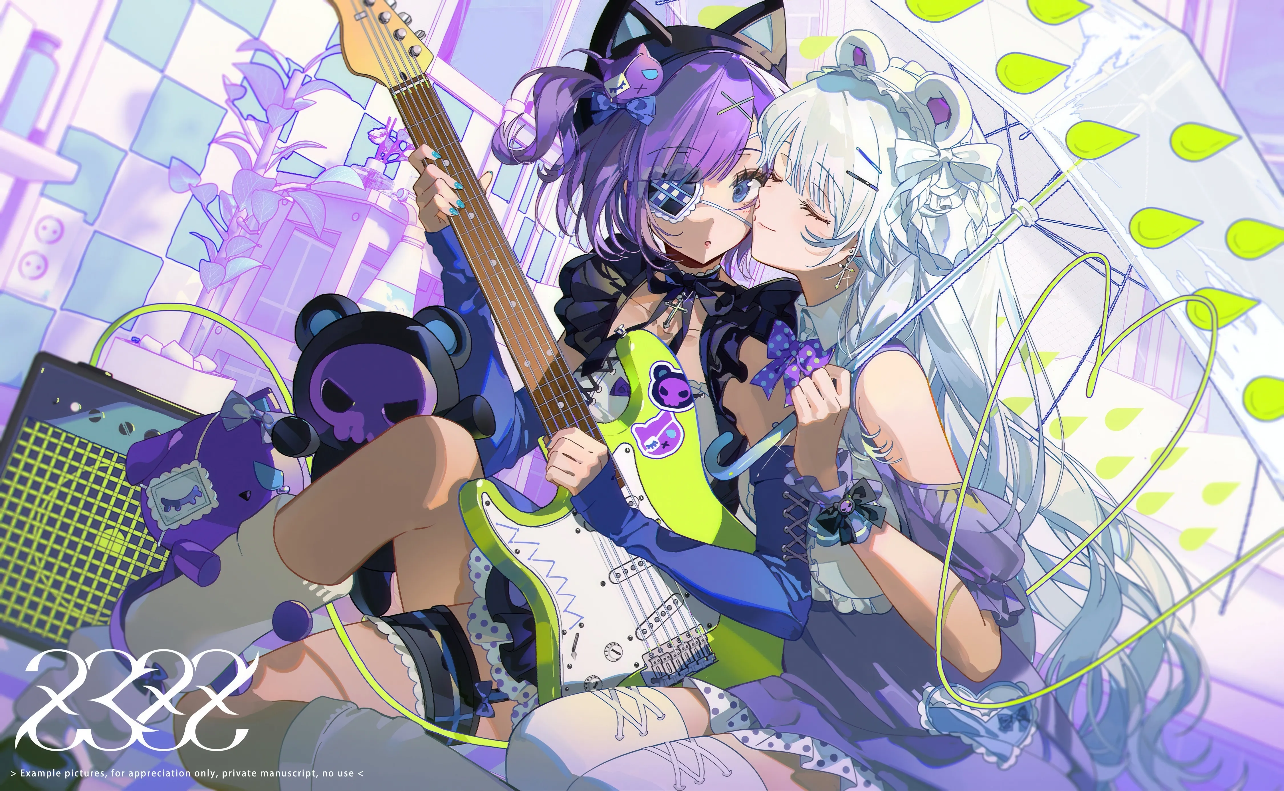 2girls,virtual_youtuber,detached_sleeves,instrument,kiss,animal_ears,fake_animal_ears,closed_eyes,guitar,sitting,multiple_girls,hair_ornament,indoors,holding,holding_umbrella,plant,horizontal,stuffed_animal,stuffed_toy,teddy_bear,bear_ears,electric_guitar,white_hair,yuri,eyepatch,short_hair,purple_hair,blue_eyes,bow,hair_bow,socks,bass_guitar,thighhighs,dress,long_hair,umbrella,flower