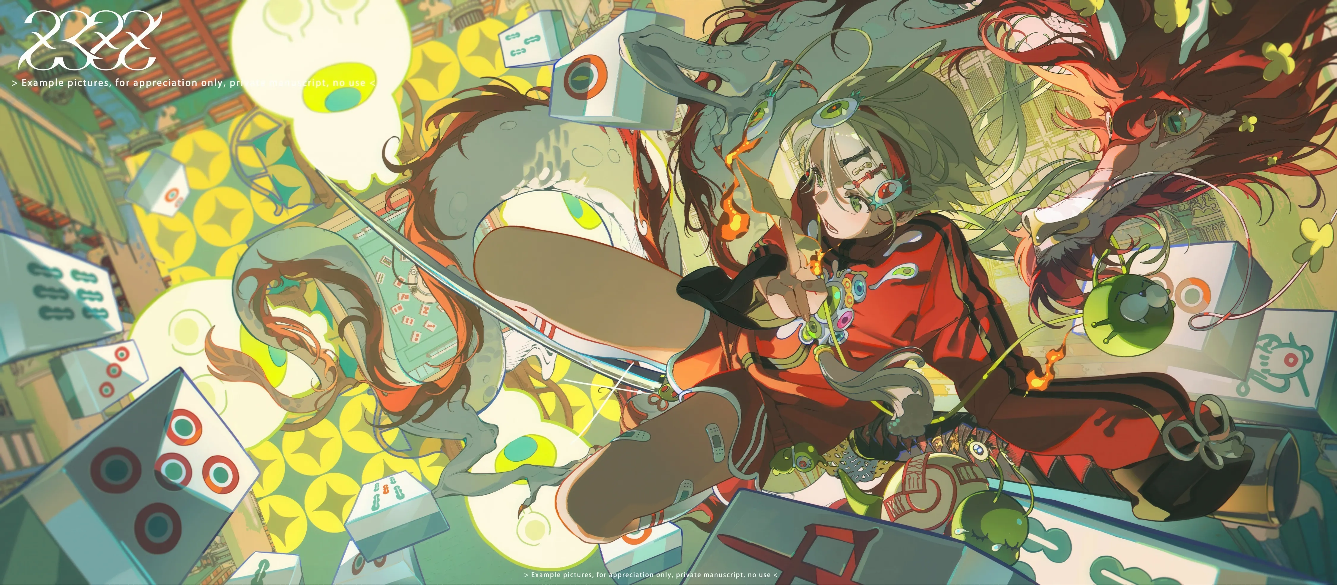 1girl,east_asian_architecture,eastern_dragon,bandaid,solo,closed_mouth,hair_ornament,headphones,jacket,architecture,building,holding,paper_lantern,brown_hair,horizontal,fire,lantern,red_jacket,green_eyes,long_hair,long_sleeves,floating_hair,dice,dragon