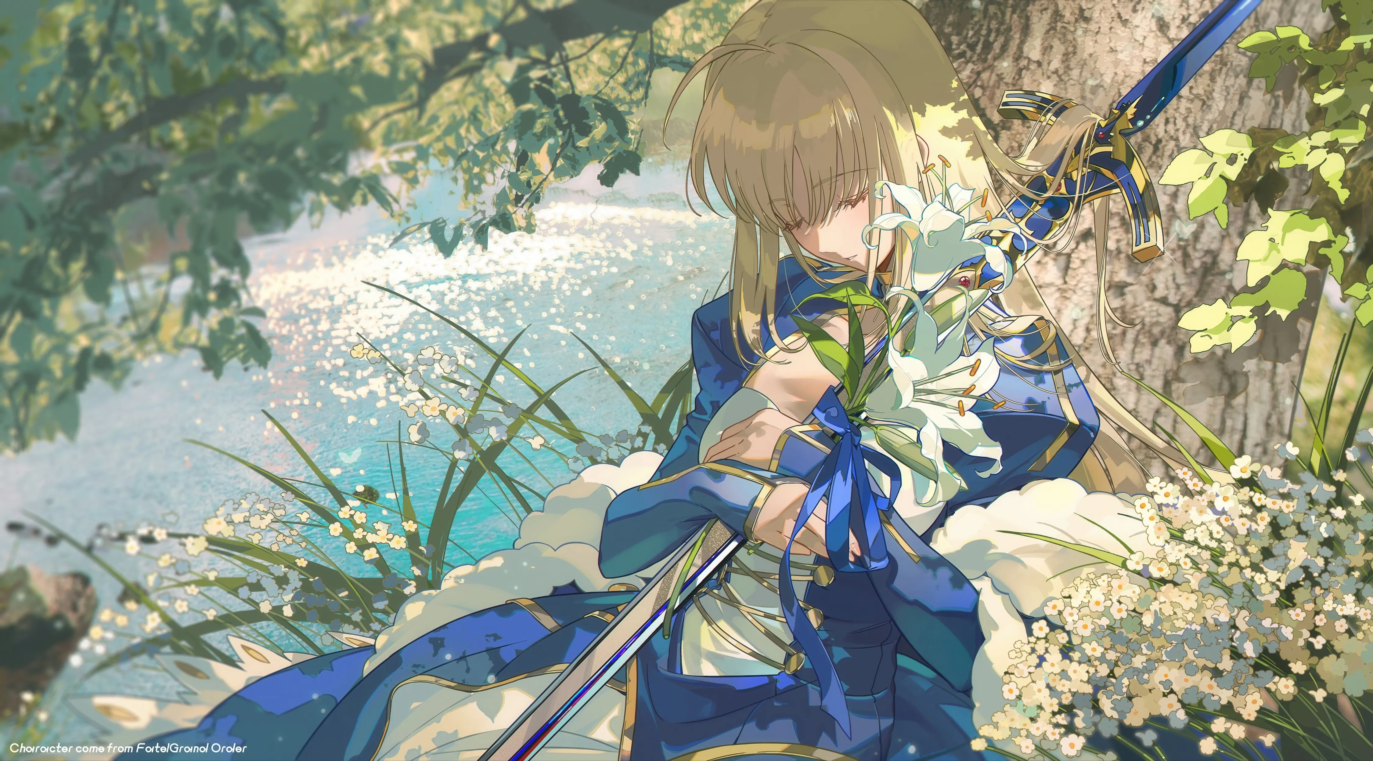 1girl,ribbon,bangs,sword,solo,closed_eyes,ahoge,closed_mouth,sitting,outdoors,hair_down,holding,tree,horizontal,weapon,water,white_flower,grass,blue_ribbon,blue_dress,dress,blonde_hair,long_hair,long_sleeves,flower