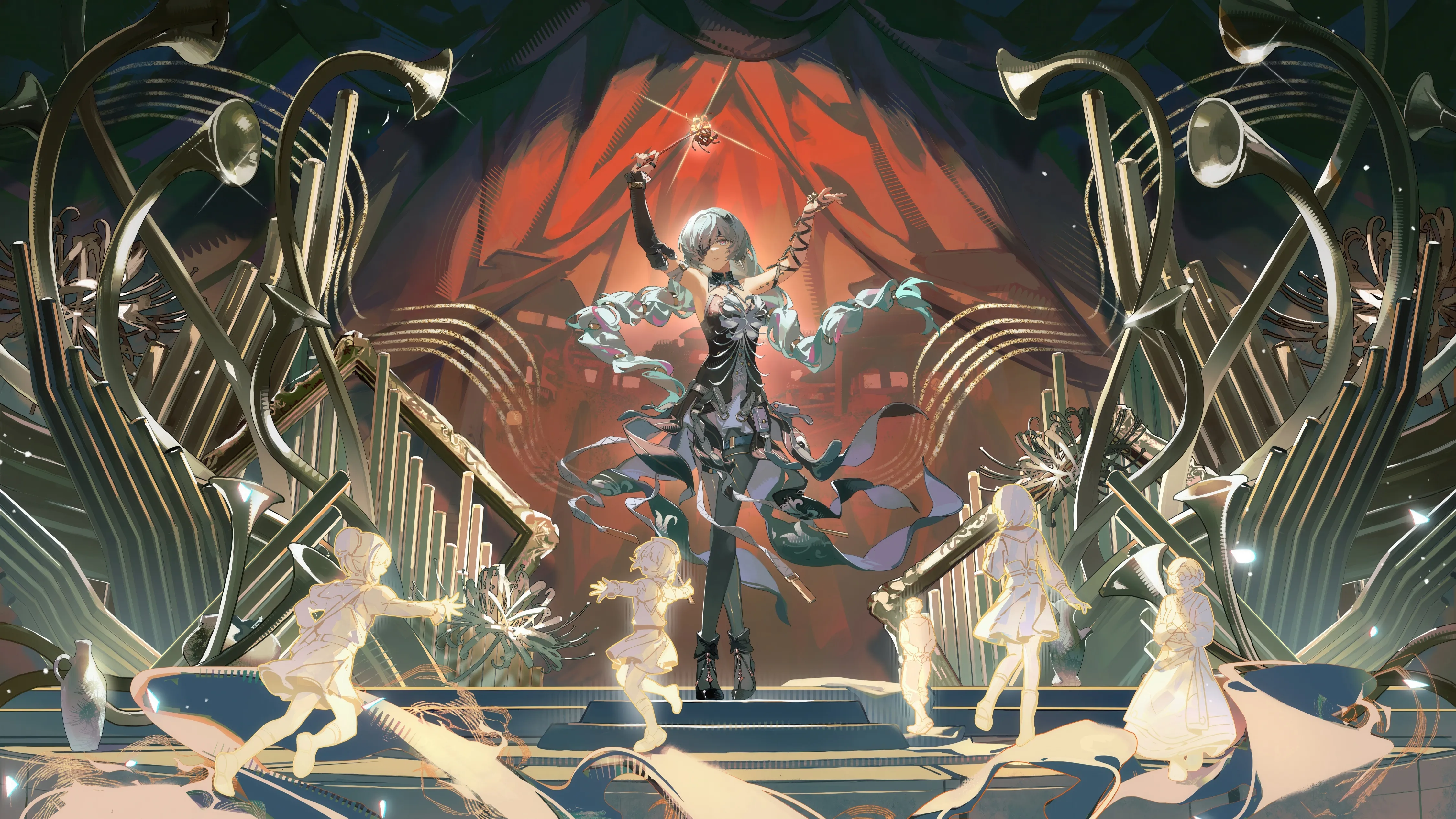 detached_sleeves,arm_up,instrument,bangs,closed_eyes,twintails,multiple_girls,trumpet,violin,very_long_hair,gloves,holding_instrument,holding,baton_conducting,sleeveless,sleeveless_dress,horizontal,playing_instrument,white_dress,curtains,standing,stage,thighhighs,dress,long_hair,elbow_gloves,bare_shoulders,music,high_heels,black_gloves,black_dress,black_footwear
