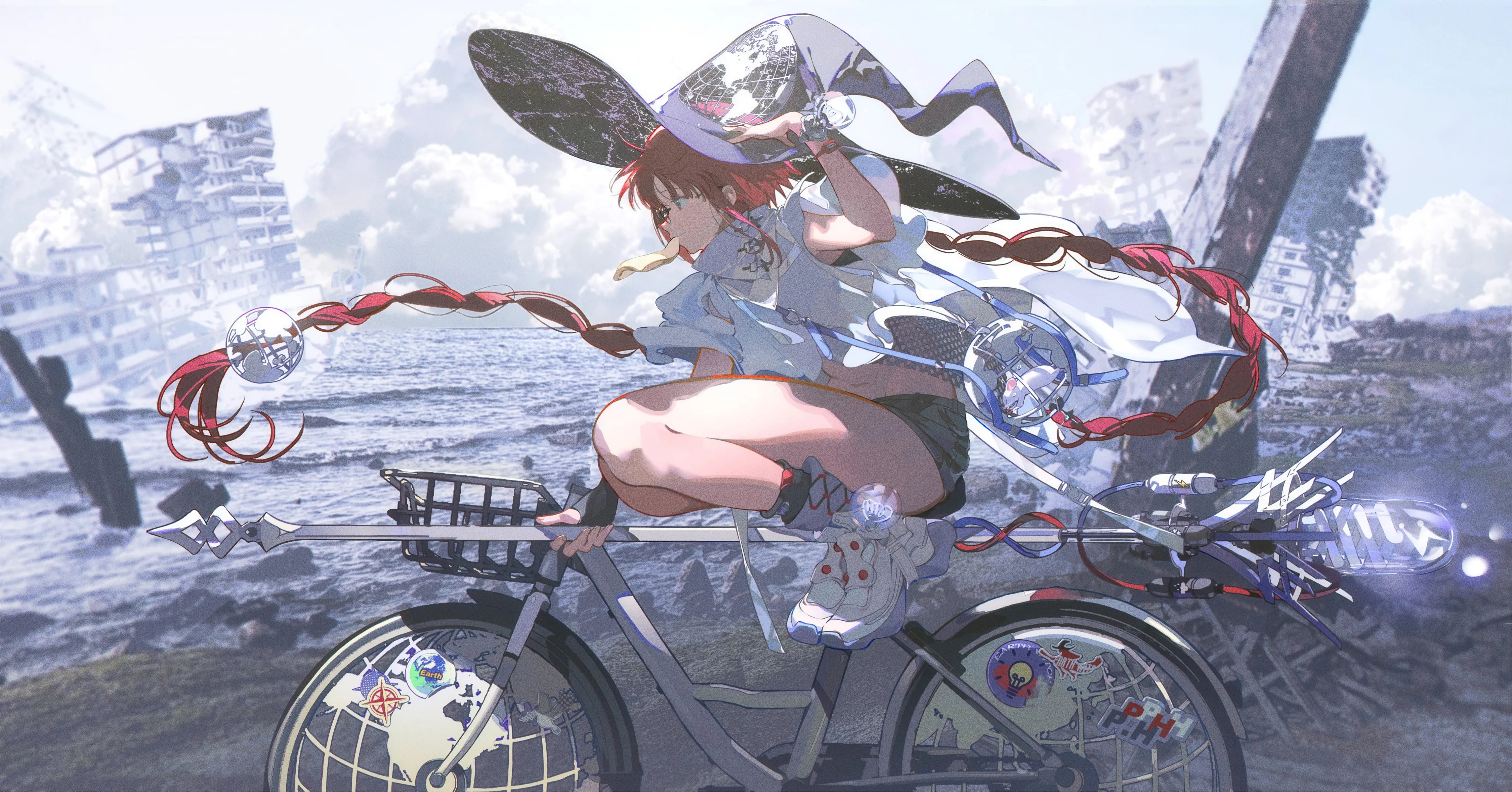 1girl,braid,twin_braids,cloud,bangs,bag,solo,ground_vehicle,cloudy_sky,sky,witch_hat,hat,building,very_long_hair,outdoors,gloves,hand_on_headwear,broom,fingerless_gloves,horizontal,jewelry,mouth_hold,day,white_headwear,white_shirt,white_footwear,shorts,looking_away,short_shorts,red_hair,bicycle,blue_eyes,shirt,socks,bare_legs,sneakers,long_hair,midriff,crop_top,shoes,scenery,floating_hair,broom_riding,riding,witch,black_shorts,black_socks