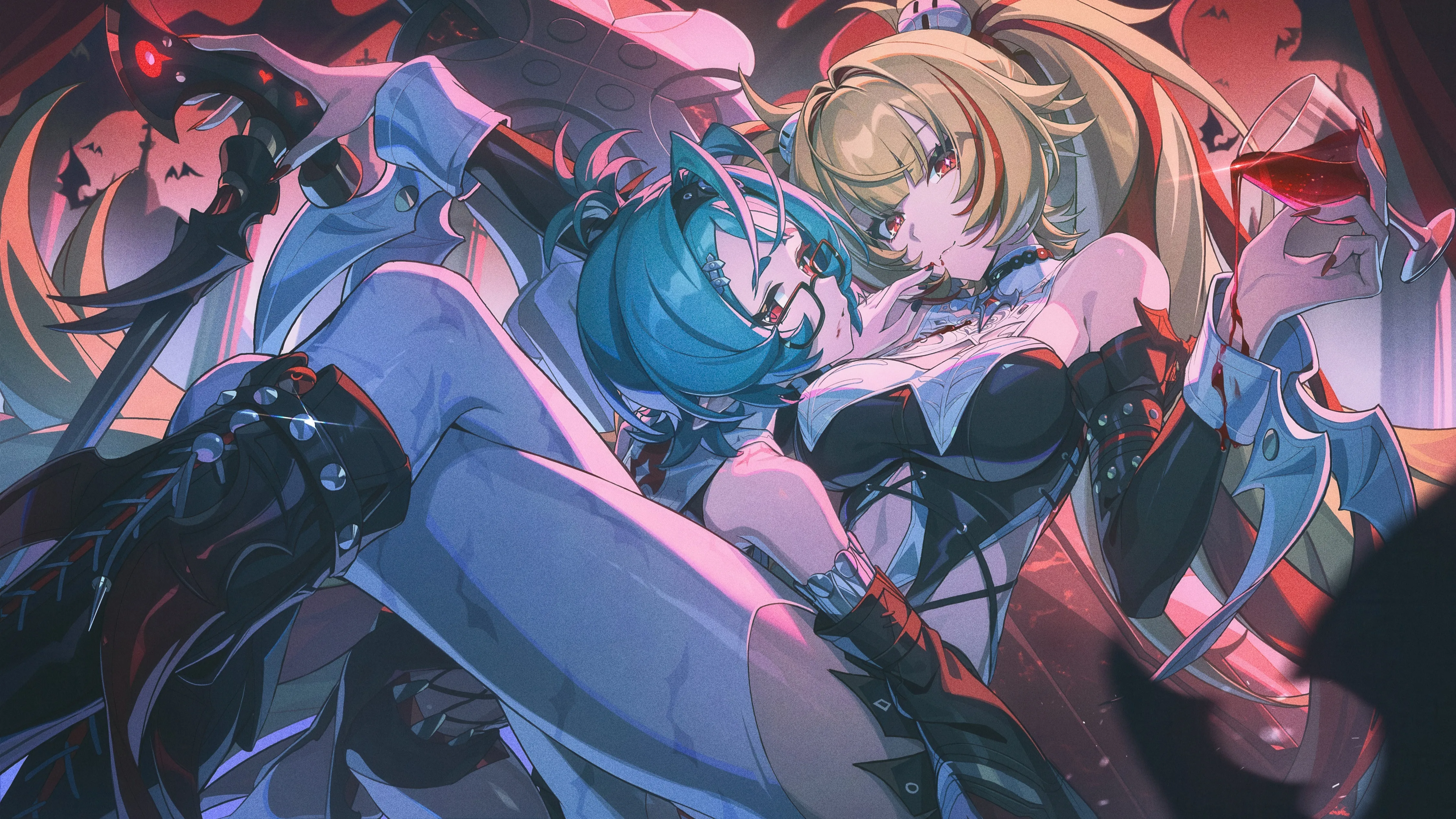 2girls,virtual_youtuber,detached_sleeves,breasts,crossed_legs,bangs,knee_boots,twintails,vampire,sitting,multiple_girls,multicolored_hair,pointy_ears,very_long_hair,parted_lips,holding_cup,holding,fingernails,nail_polish,streaked_hair,cup,horizontal,looking_at_viewer,glasses,short_hair,smile,red_hair,red_eyes,wine_glass,wine,blue_hair,bat_animal,large_breasts,thighhighs,pantyhose,drinking_glass,blonde_hair,long_hair,long_fingernails,long_sleeves,boots,bare_shoulders,black_footwear