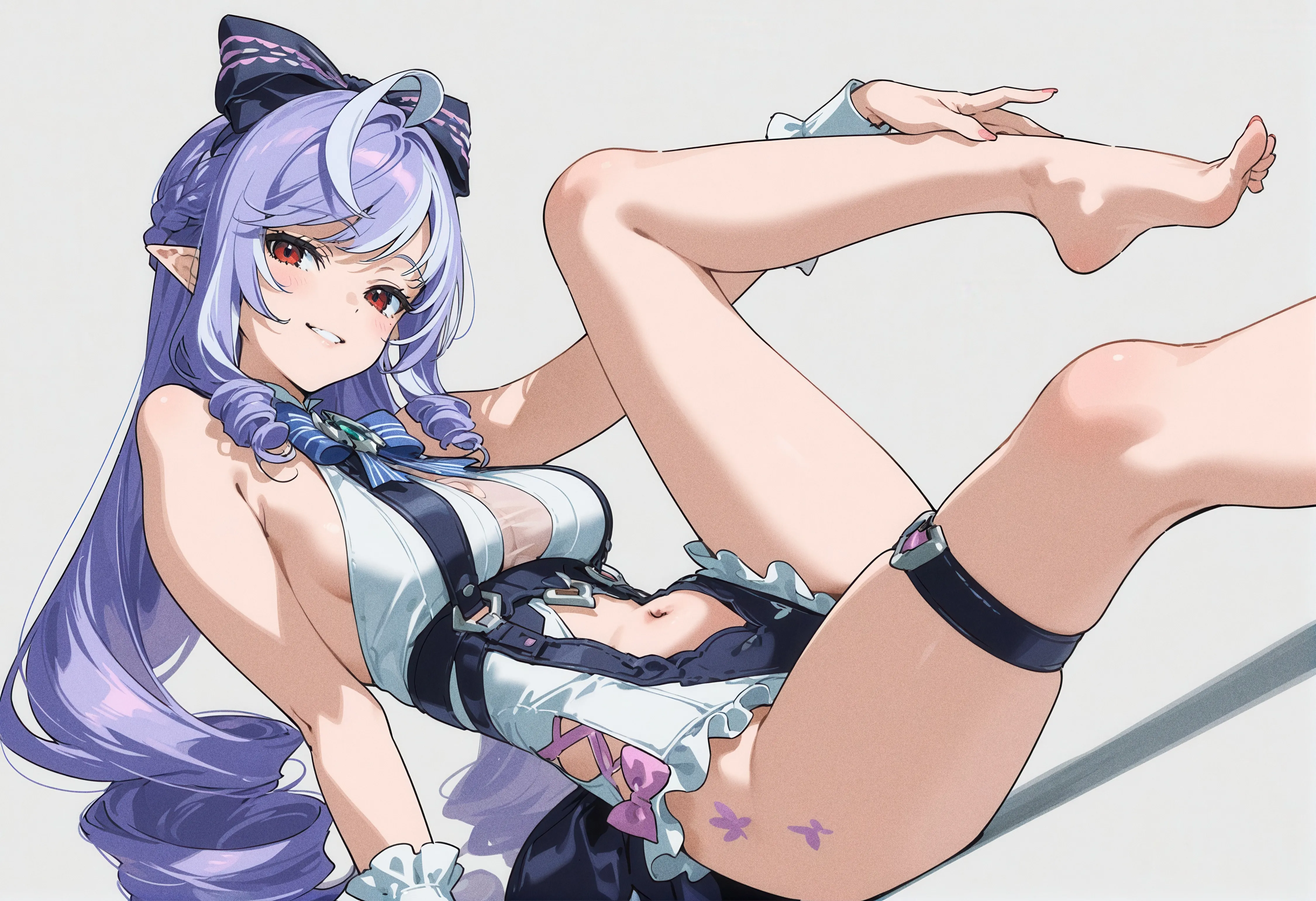 1girl,medium_breasts,breasts,sideboob,bangs,solo,leg_up,legs,ahoge,sitting,thighs,thigh_strap,pointy_ears,parted_lips,simple_background,horizontal,looking_at_viewer,smile,wrist_cuffs,leotard,purple_hair,red_eyes,tattoo,navel,feet,toes,frills,blue_hair,bow,hair_bow,clothing_cutout,bare_legs,barefoot,large_breasts,drill_hair,long_hair,bare_shoulders,navel_cutout