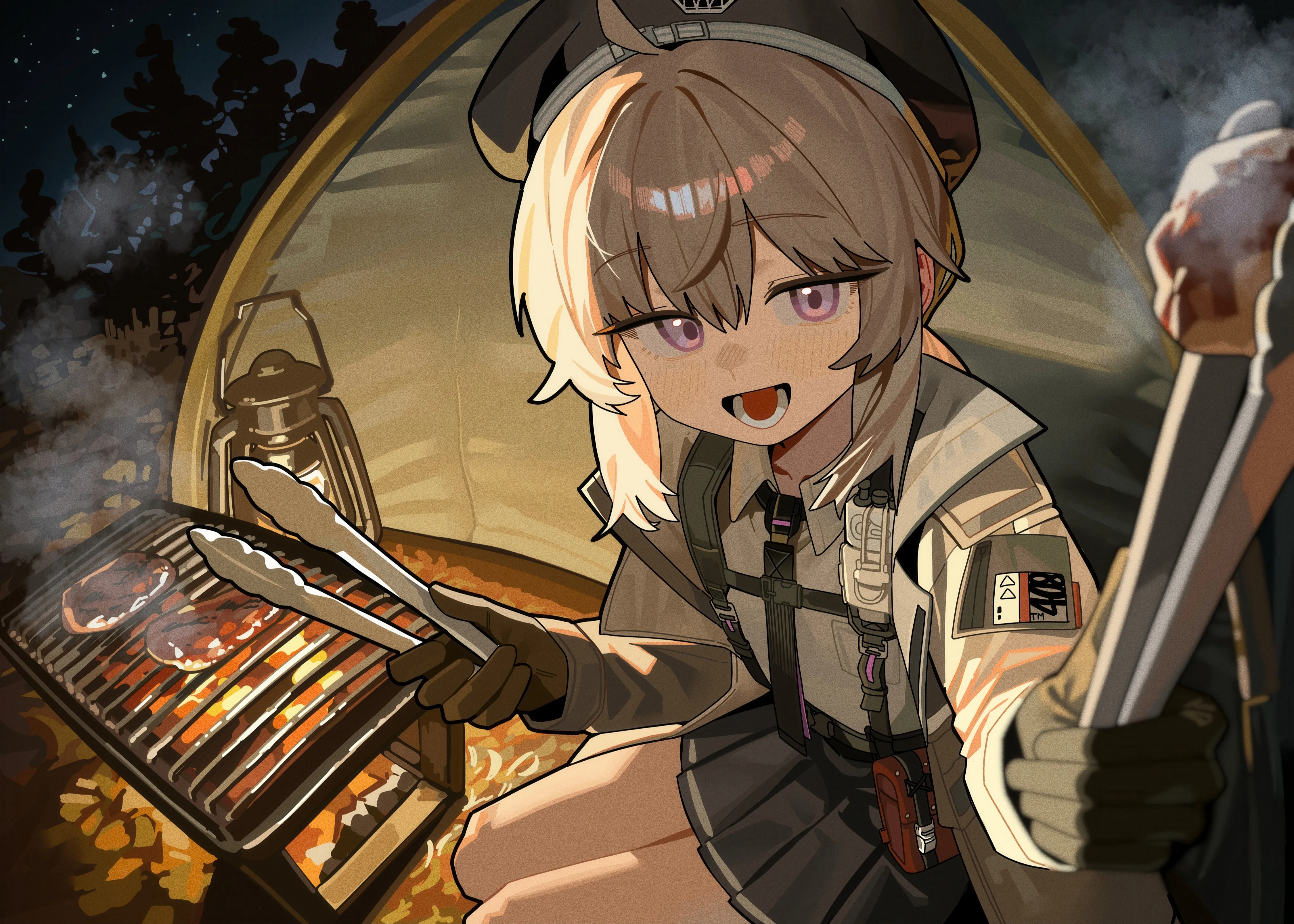 1girl,bangs,solo,ahoge,sitting,night,sidelocks,jacket,hat,open_mouth,gloves,holding,collared_shirt,brown_jacket,horizontal,grey_hair,steak,white_shirt,pleated_skirt,looking_at_viewer,skirt,smile,purple_eyes,meat,blush,shirt,open_jacket,open_clothes,long_sleeves,necktie,food,fork,black_headwear,black_gloves,black_skirt,black_necktie
