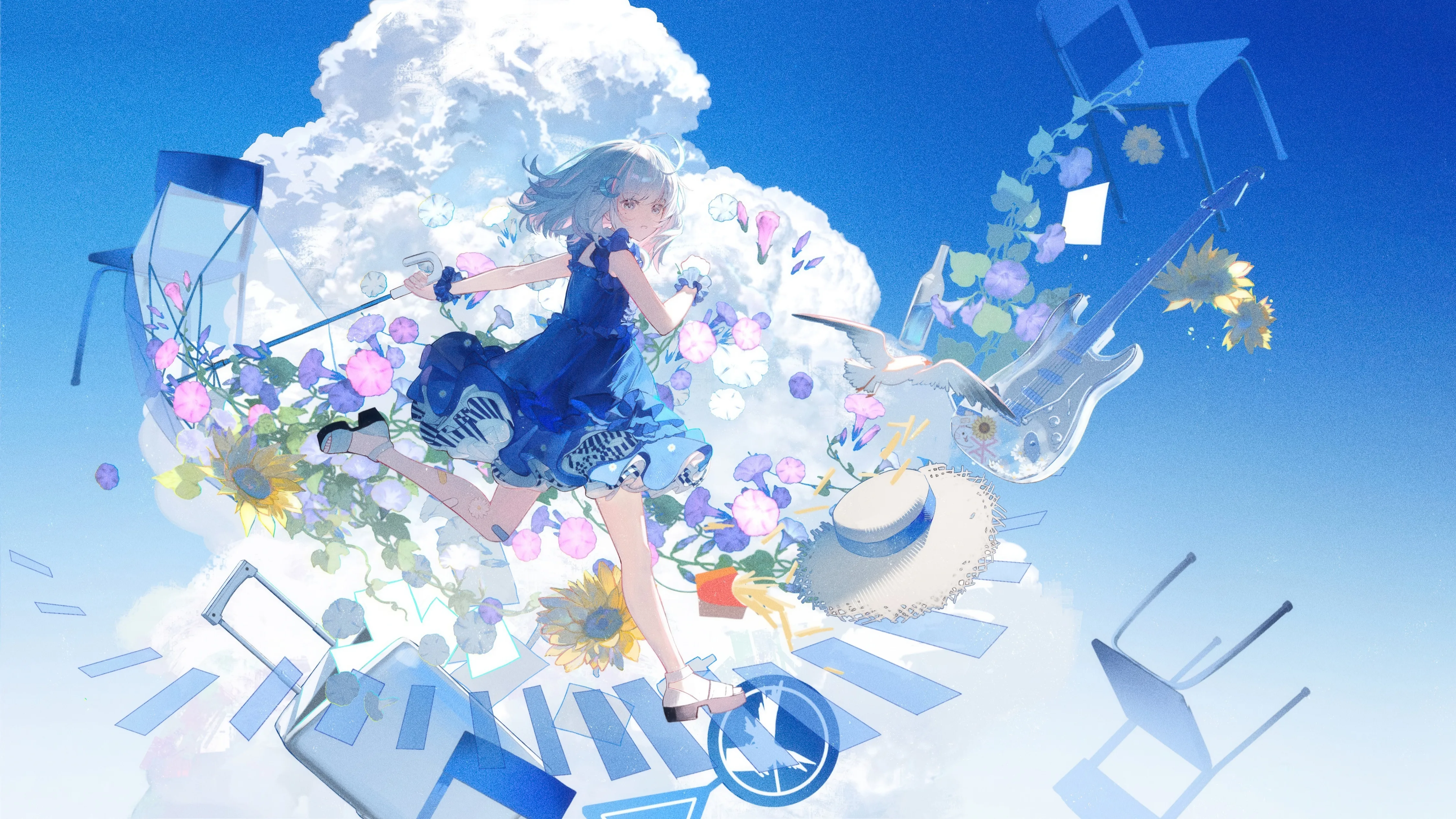1girl,medium_hair,instrument,cloud,sign,sandals,bangs,solo,standing_on_one_leg,hairclip,sunflower,looking_back,cloudy_sky,sky,sun_hat,hair_ornament,hat,headwear_removed,hat_removed,sleeveless,sleeveless_dress,chair,horizontal,morning_glory,day,dove,looking_at_viewer,short_hair,standing,pink_flower,wrist_cuffs,purple_flower,straw_hat,blue_sky,blue_hair,blue_flower,blue_dress,road_sign,dress,shoes,flower,bird,yellow_flower