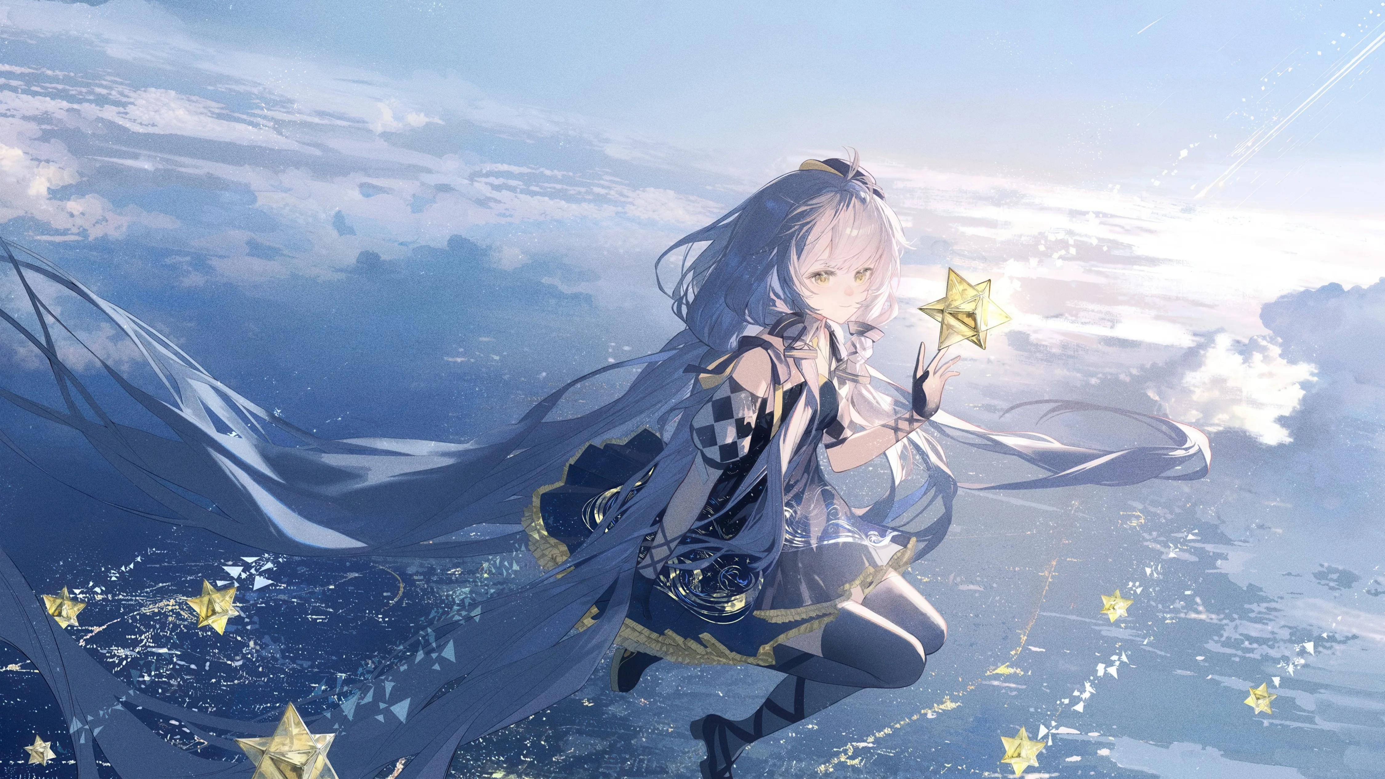 1girl,cloud,above_clouds,bangs,solo,ahoge,sitting,sky,very_long_hair,gloves,fingerless_gloves,star_symbol,star_sky,horizontal,looking_at_viewer,smile,blue_hair,blue_dress,absurdly_long_hair,thighhighs,dress,long_hair,floating_hair,yellow_eyes,black_gloves,black_thighhighs