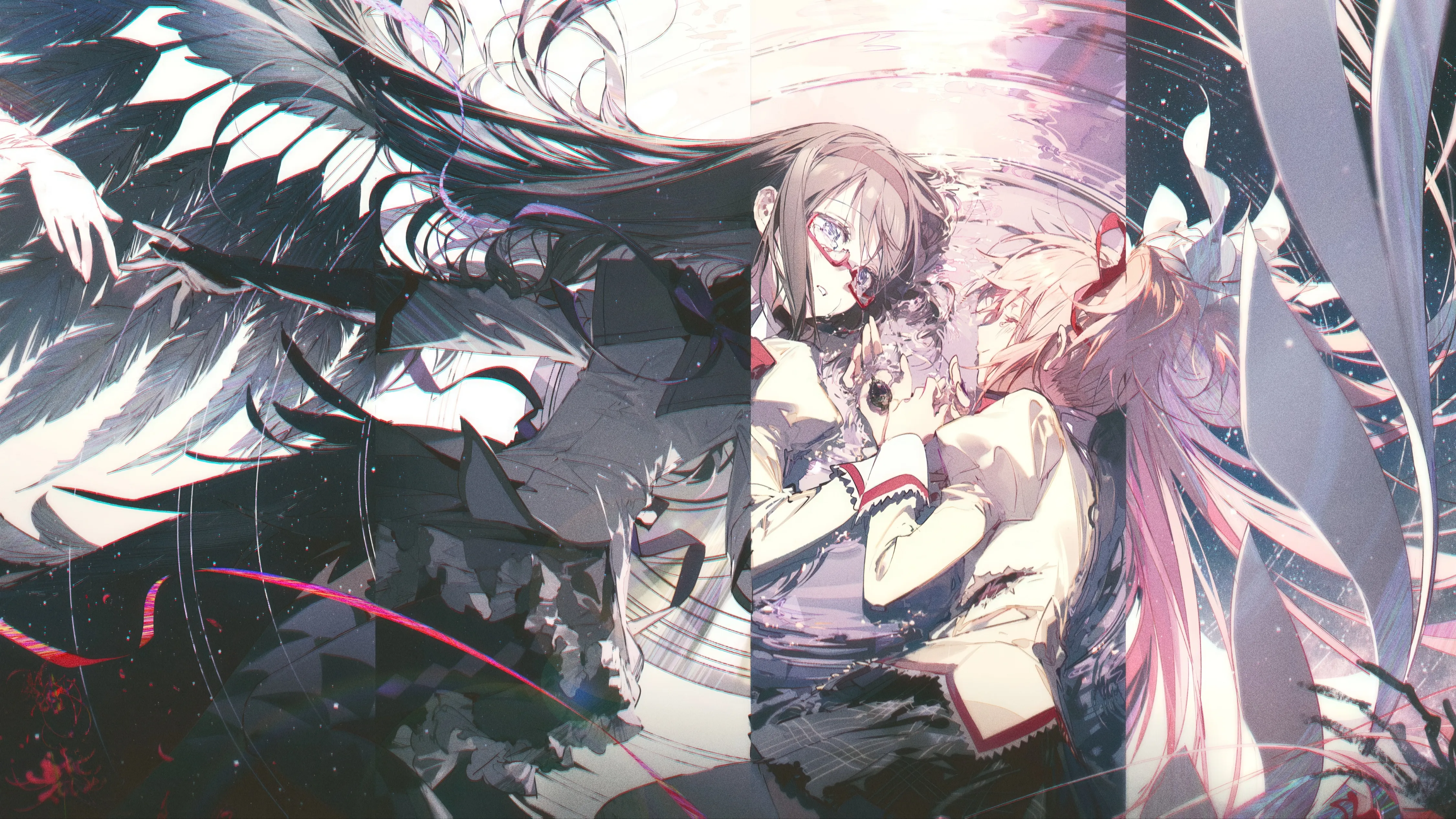 2girls,braid,ribbon,twin_braids,on_back,twintails,hairband,multiple_girls,hair_ribbon,very_long_hair,parted_lips,holding,juliet_sleeves,school_uniform,plaid,plaid_skirt,horizontal,water,holding_hands,white_gloves,pleated_skirt,looking_at_another,glasses,skirt,pink_hair,pink_eyes,purple_eyes,red_ribbon,red-framed_eyewear,feathered_wings,wings,frills,argyle,argyle_legwear,puffy_sleeves,bow,hair_bow,lying,thighhighs,pantyhose,long_hair,long_sleeves,bowtie,black_hair,black_skirt,black_pantyhose