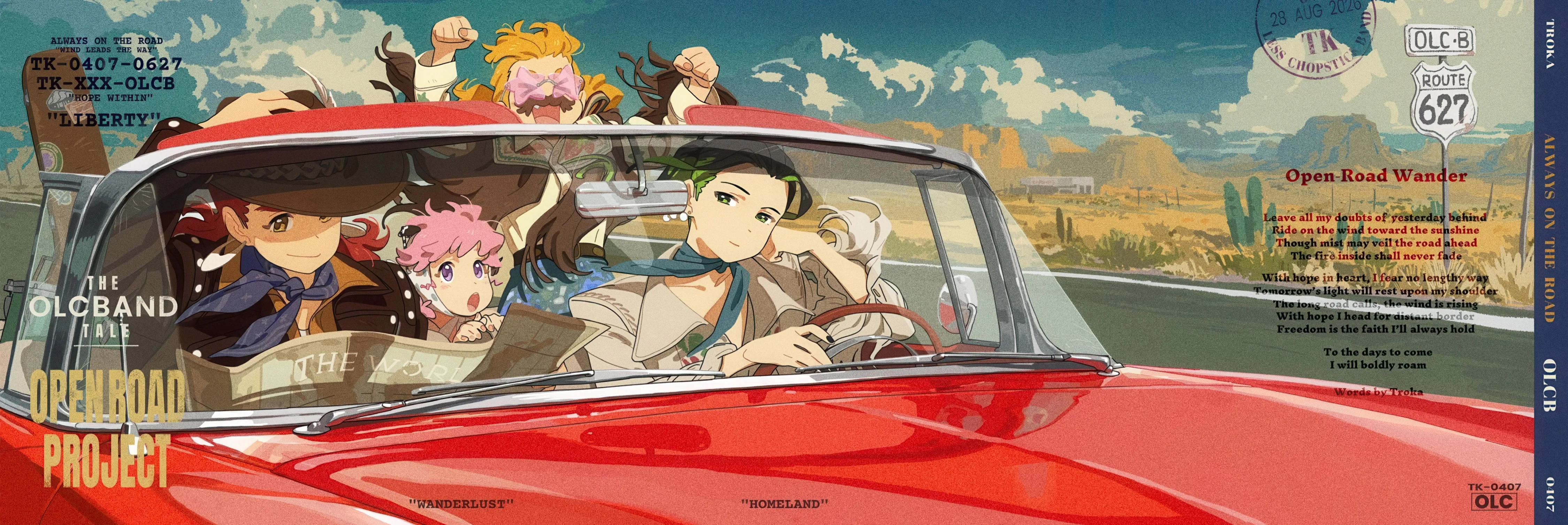 cloud,ground_vehicle,multiple_girls,multiple_boys,sky,jacket,open_mouth,outdoors,collared_shirt,motor_vehicle,brown_hair,horizontal,car,copyright_name,jewelry,short_hair,smile,pink_hair,green_eyes,earrings,english_text,shirt,blonde_hair,long_hair,long_sleeves,driving,black_hair