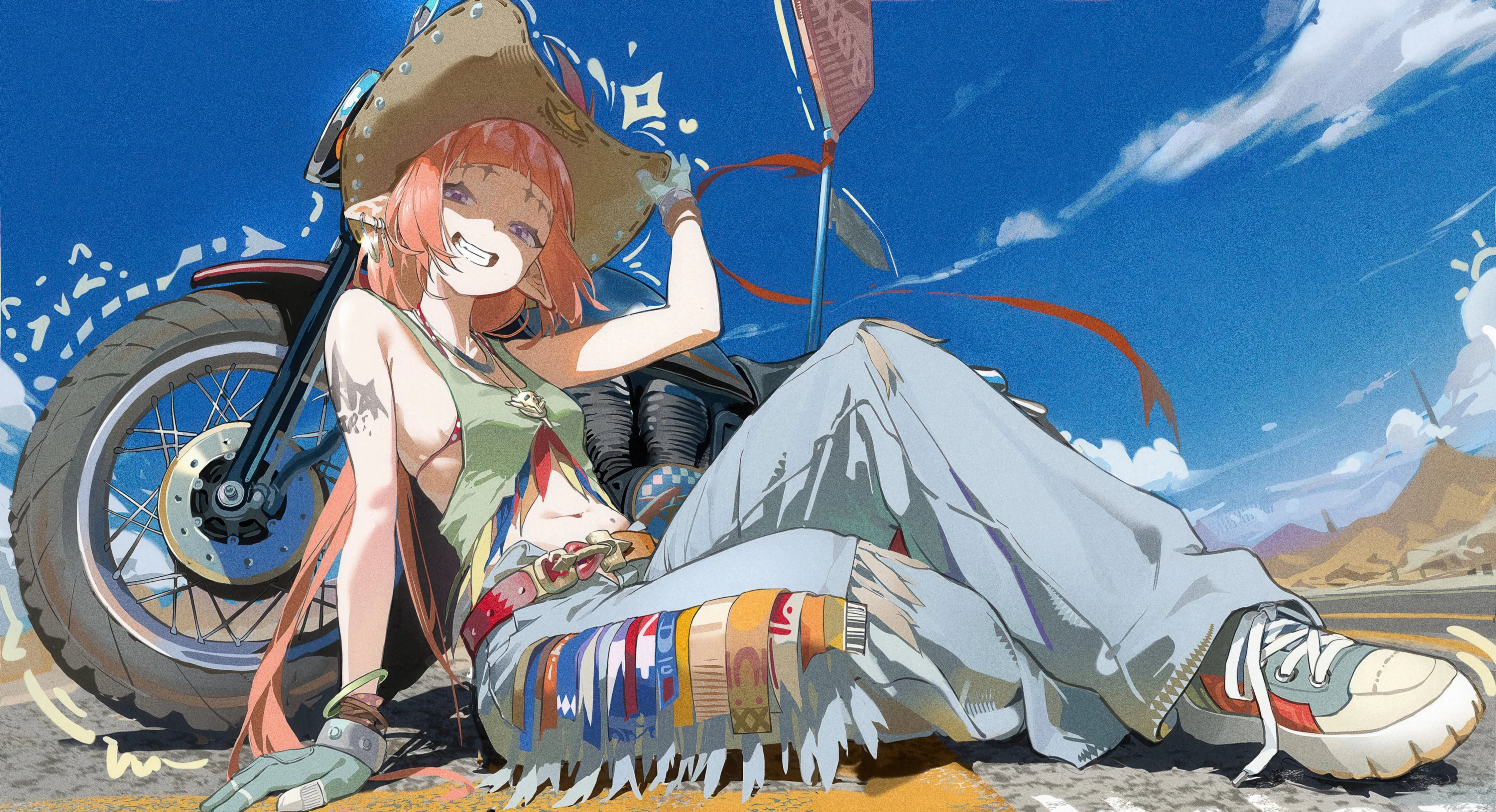 1girl,medium_breasts,breasts,cloud,sideboob,bangs,solo,ground_vehicle,sitting,sky,pointy_ears,hat,very_long_hair,outdoors,gloves,arm_tattoo,hand_on_headwear,motorcycle,motor_vehicle,horizontal,orange_hair,desert,teeth,denim,jeans,jewelry,day,belt,blunt_bangs,looking_at_viewer,torn_clothes,smile,pink_hair,purple_eyes,tattoo,earrings,navel,shoulder_tattoo,straw_hat,blue_sky,pants,sneakers,long_hair,midriff,bare_shoulders,grin,shoes