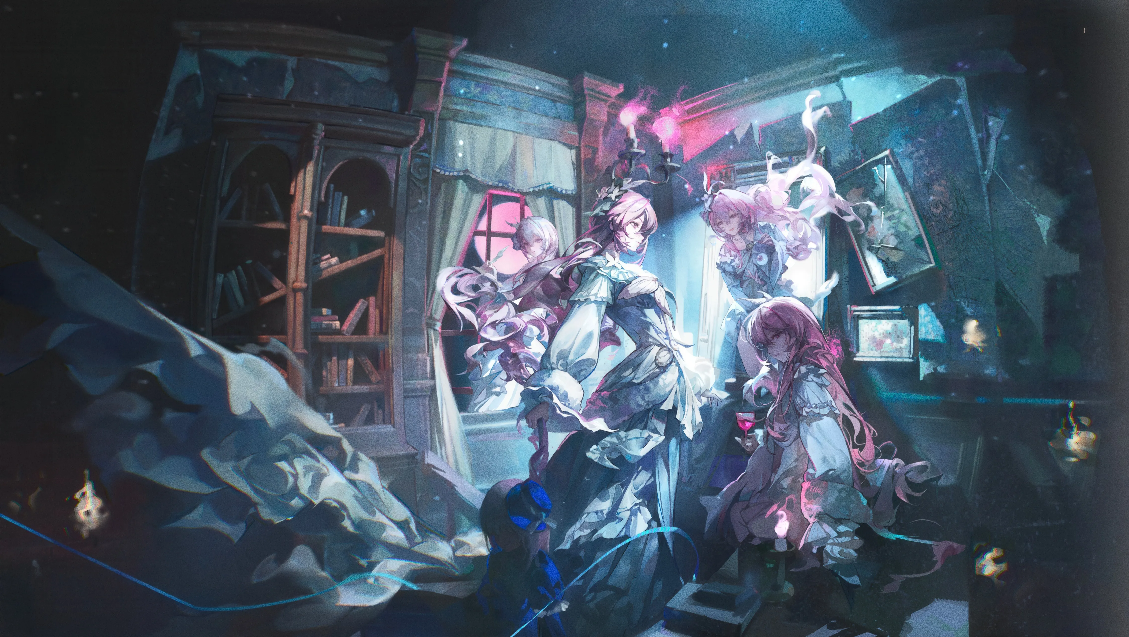 detached_sleeves,ribbon,book,light_particles,bangs,chandelier,closed_mouth,sitting,multiple_girls,hair_ornament,sidelocks,indoors,very_long_hair,holding,horizontal,fire,candlestand,white_dress,picture_frame,looking_at_viewer,window,curtains,standing,smile,pink_hair,pink_eyes,frills,frilled_dress,puffy_sleeves,candle,bow,shirt,dress,long_hair,long_sleeves