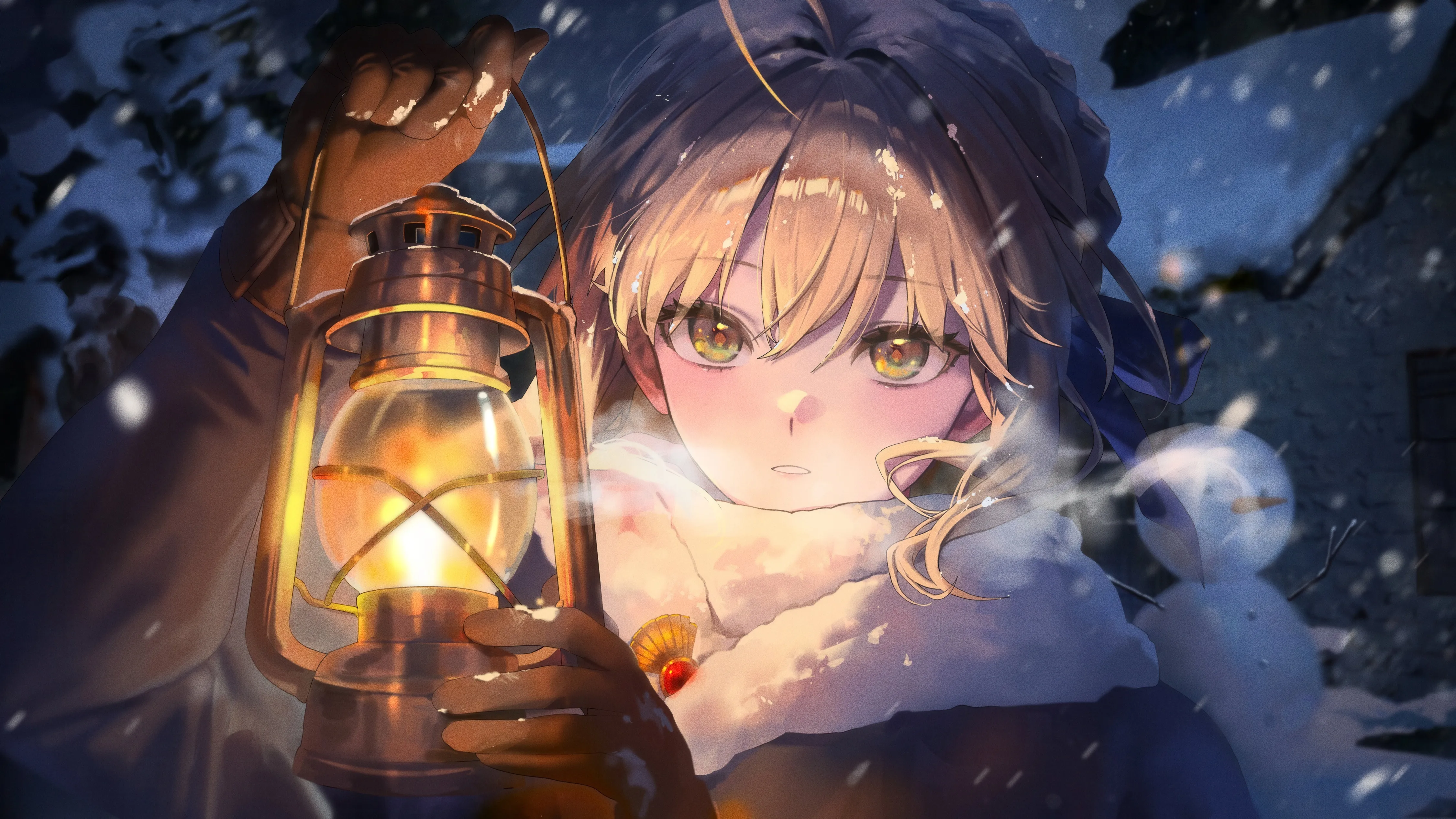 1girl,braid,snowing,winter,winter_clothes,bangs,solo,ahoge,breath,scarf,hair_between_eyes,outdoors,gloves,holding_lantern,holding,brown_gloves,horizontal,fur_trim,lantern,white_scarf,looking_at_viewer,alternate_costume,blonde_hair,long_sleeves,snow,snowman,yellow_eyes