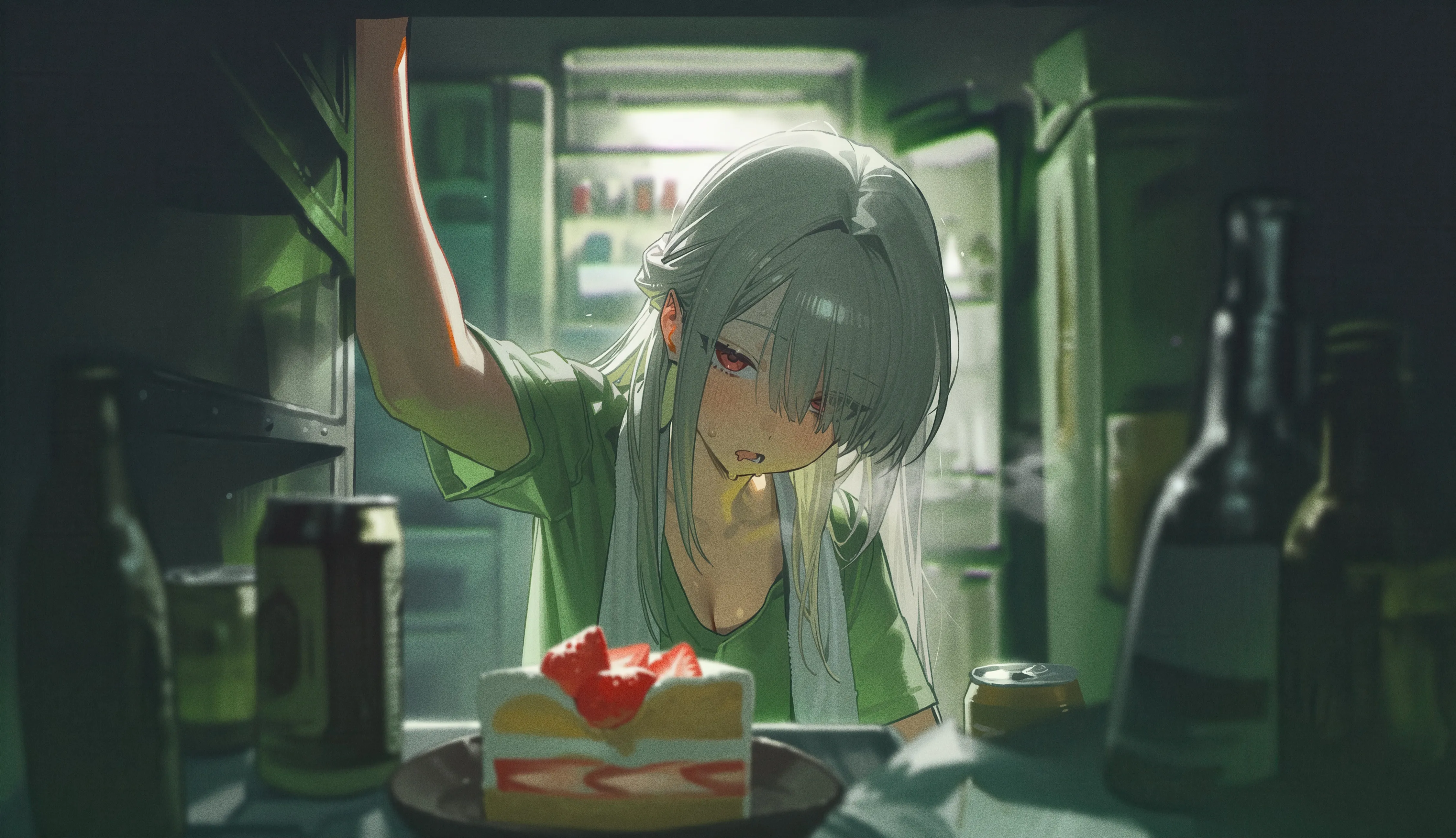 1girl,arm_up,breasts,cleavage,upper_body,refrigerator,cake_slice,bangs,blurry_foreground,solo,beer_can,hair_over_one_eye,sidelocks,indoors,open_mouth,can,depth_of_field,blurry,horizontal,towel,fruit,drooling,grey_hair,jewelry,bottle,white_hair,plate,looking_at_viewer,short_sleeves,piercing,ear_piercing,red_eyes,green_shirt,earrings,blush,strawberry,strawberry_shortcake,cake,shirt,eyes_visible_through_hair,alcohol,long_hair,food