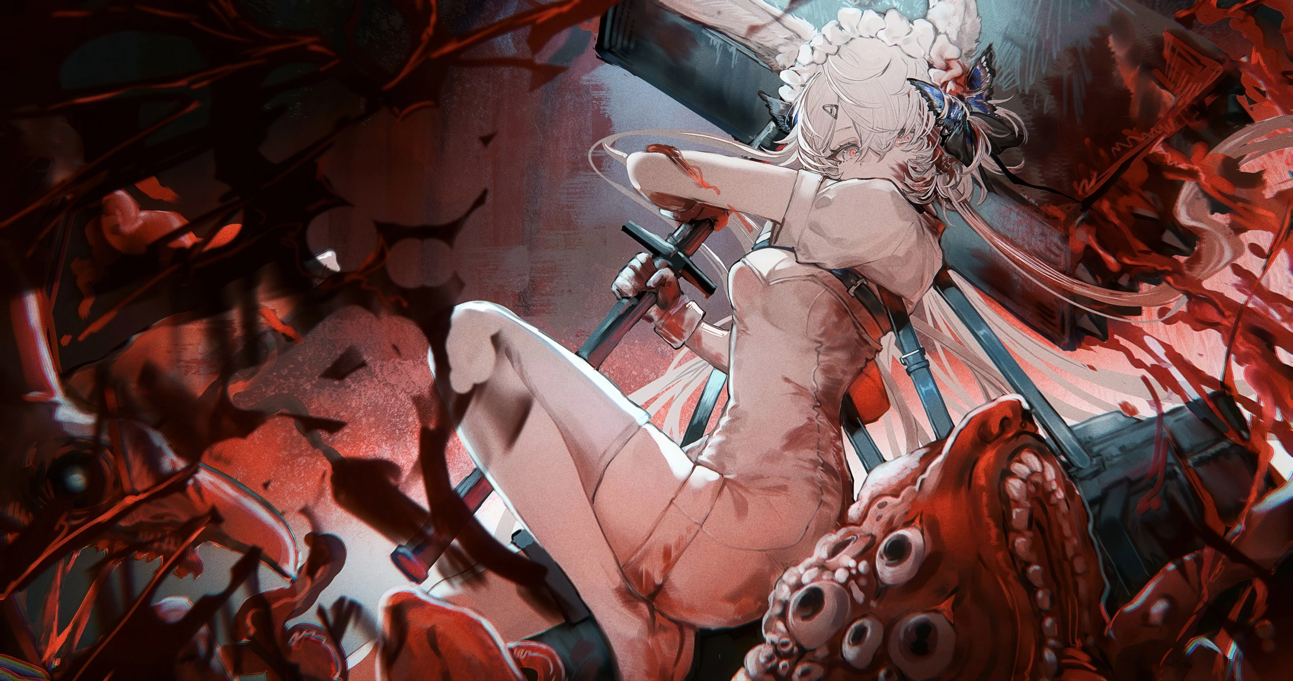 1girl,breasts,rabbit_ears,animal_ears,bangs,solo,sitting,hair_flower,hair_ornament,maid_headdress,hair_between_eyes,very_long_hair,gloves,holding_weapon,nurse,nurse_cap,holding,horizontal,white_hair,white_thighhighs,white_dress,looking_at_viewer,short_sleeves,red_eyes,blood,blood_on_clothes,tentacles,thighhighs,dress,long_hair,flower