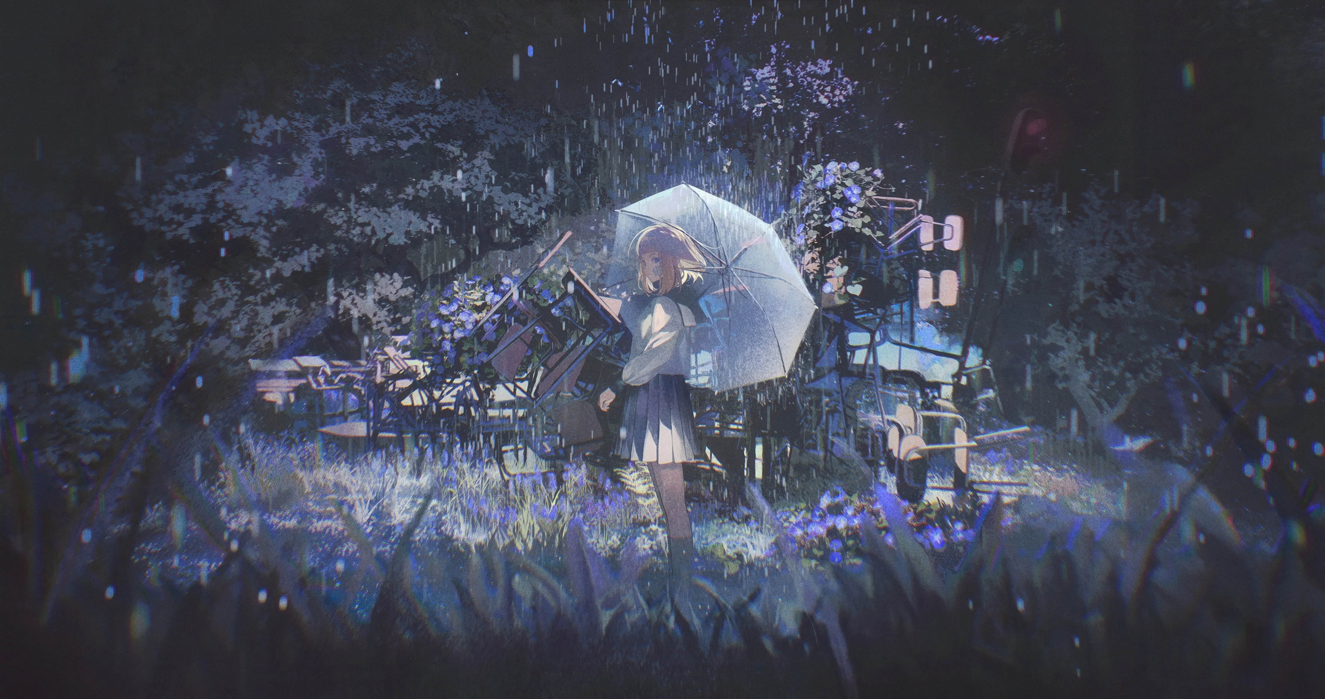 1girl,neckerchief,bangs,solo,night,outdoors,holding,holding_umbrella,tree,school_uniform,brown_hair,chair,horizontal,serafuku,sailor_collar,dark,white_shirt,pleated_skirt,short_hair,skirt,standing,grass,blue_skirt,shirt,socks,transparent,transparent_umbrella,long_sleeves,rain,umbrella,scenery,flower