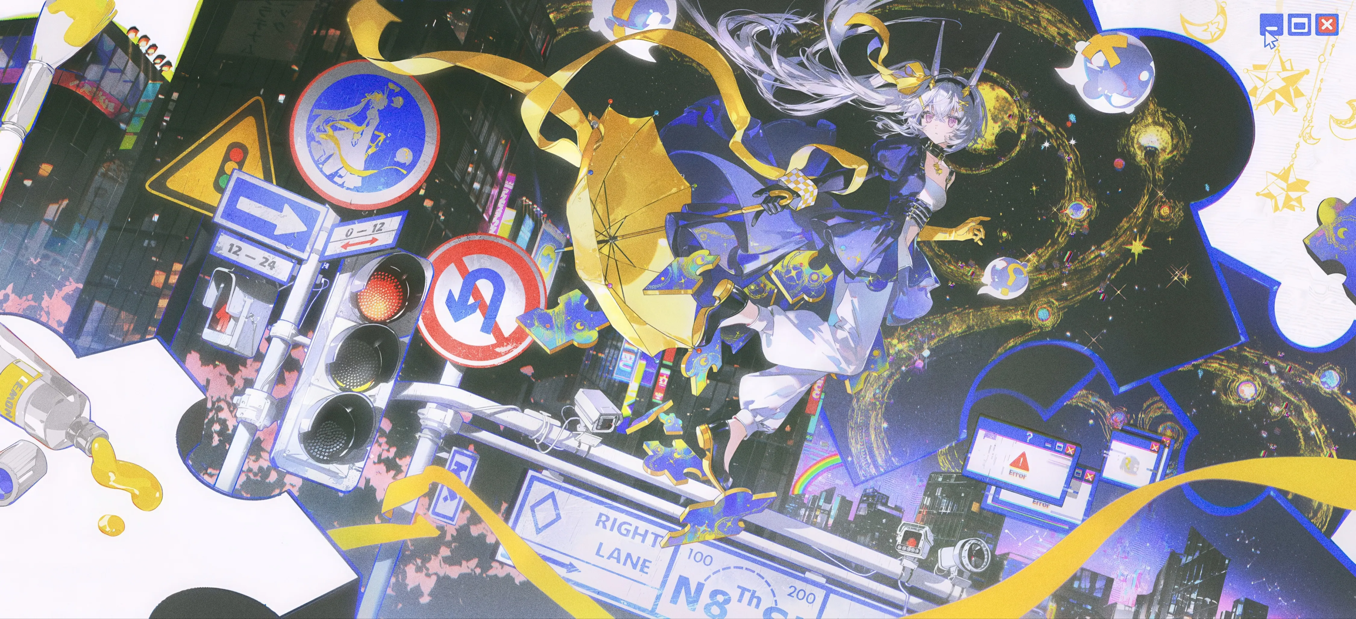 1girl,ribbon,full_body,sign,bangs,solo,city,night,sky,building,gloves,star_sky,horizontal,floating,grey_hair,looking_at_viewer,pants,road_sign,dress,long_hair,umbrella,shoes,floating_hair,yellow_ribbon,yellow_bow