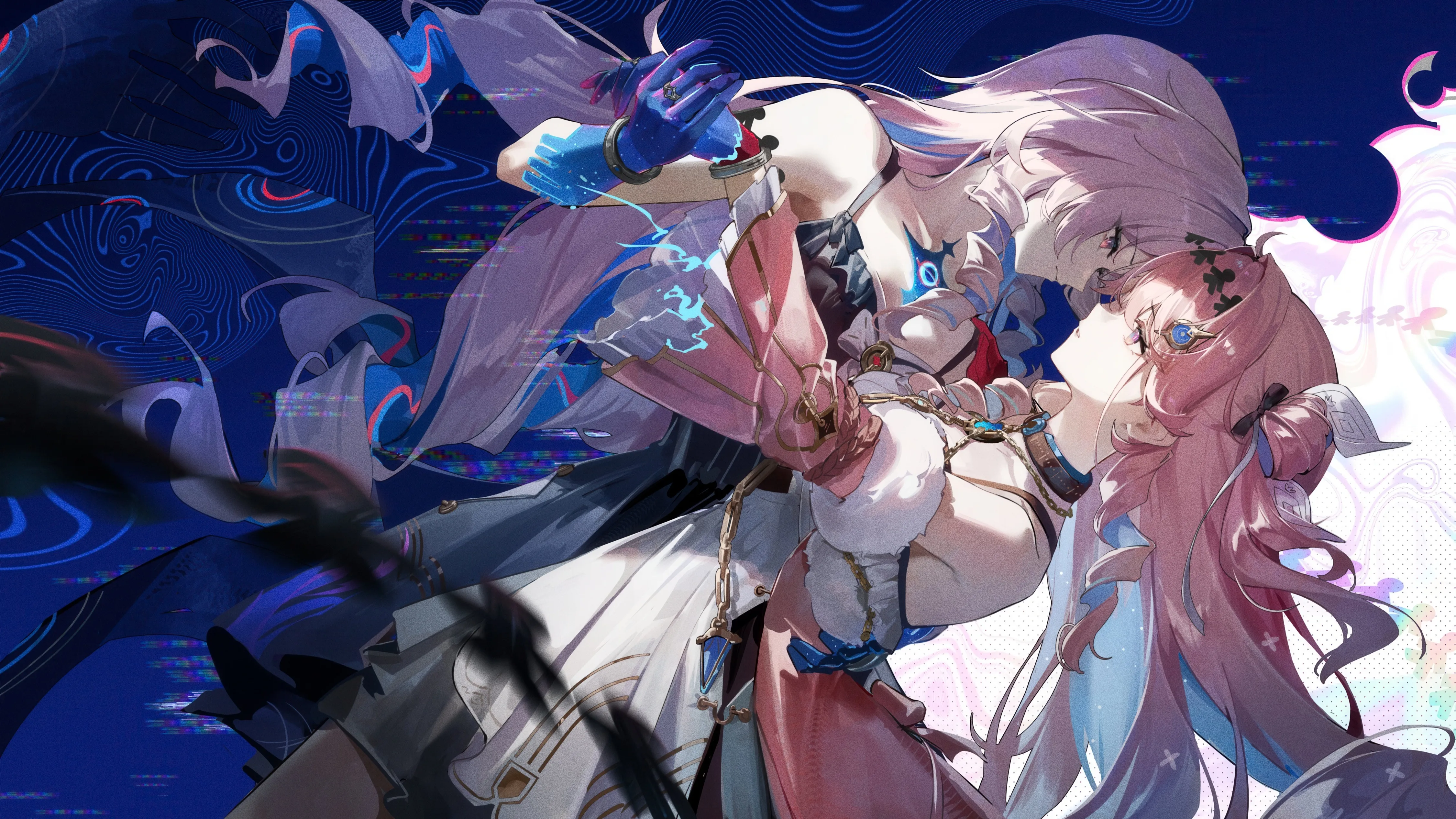 2girls,virtual_youtuber,detached_sleeves,dutch_angle,bangs,dual_persona,multiple_girls,multicolored_hair,hair_ornament,very_long_hair,parted_lips,gloves,sleeveless,sleeveless_dress,horizontal,fur_trim,holding_hands,white_dress,yuri,looking_at_another,eye_contact,pink_hair,pink_eyes,red_eyes,blue_gloves,dress,long_hair,long_sleeves,bare_shoulders,black_gloves,black_dress