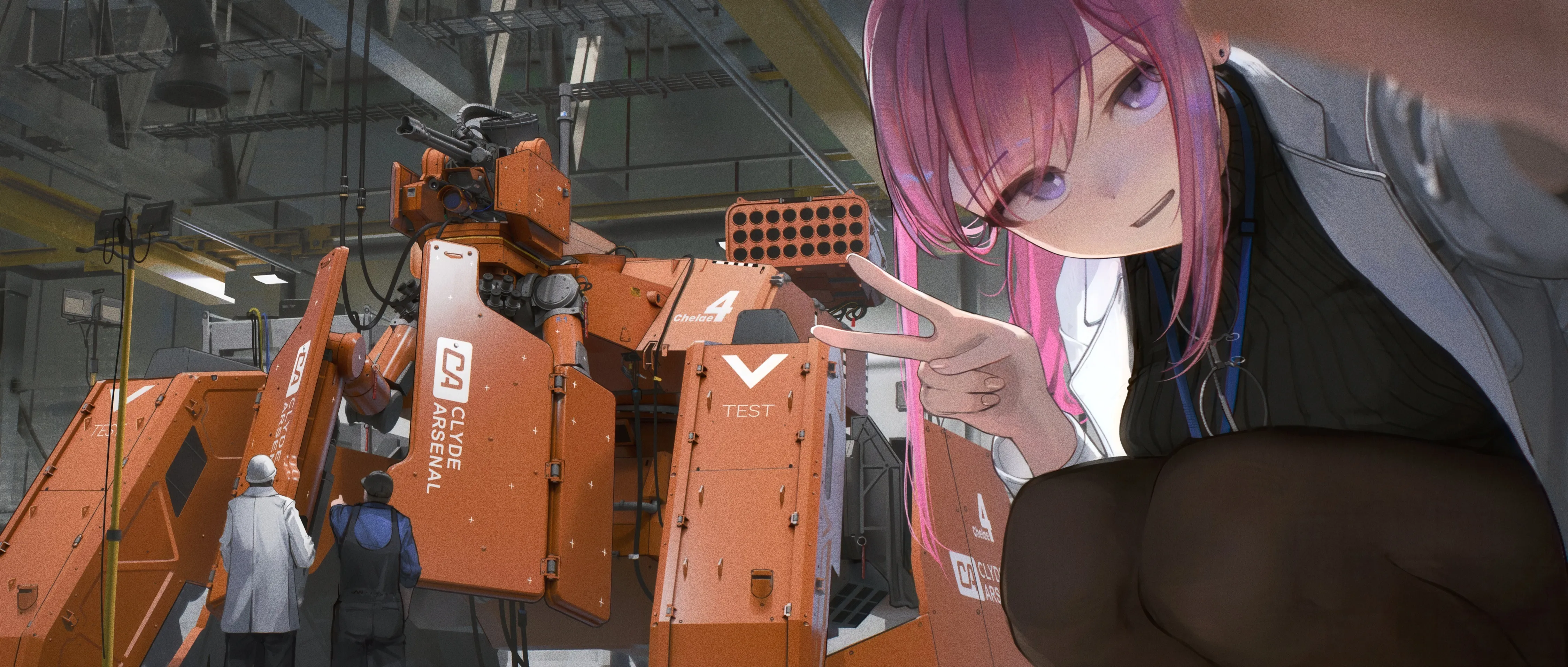1girl,2boys,3boys,breasts,bangs,solo_focus,coat,multiple_boys,jacket,lanyard,robot,ribbed_sweater,horizontal,v,sweater,labcoat,white_coat,looking_at_viewer,smile,pink_hair,purple_eyes,selfie,squatting,id_card,pantyhose,long_hair,turtleneck,turtleneck_sweater,black_sweater