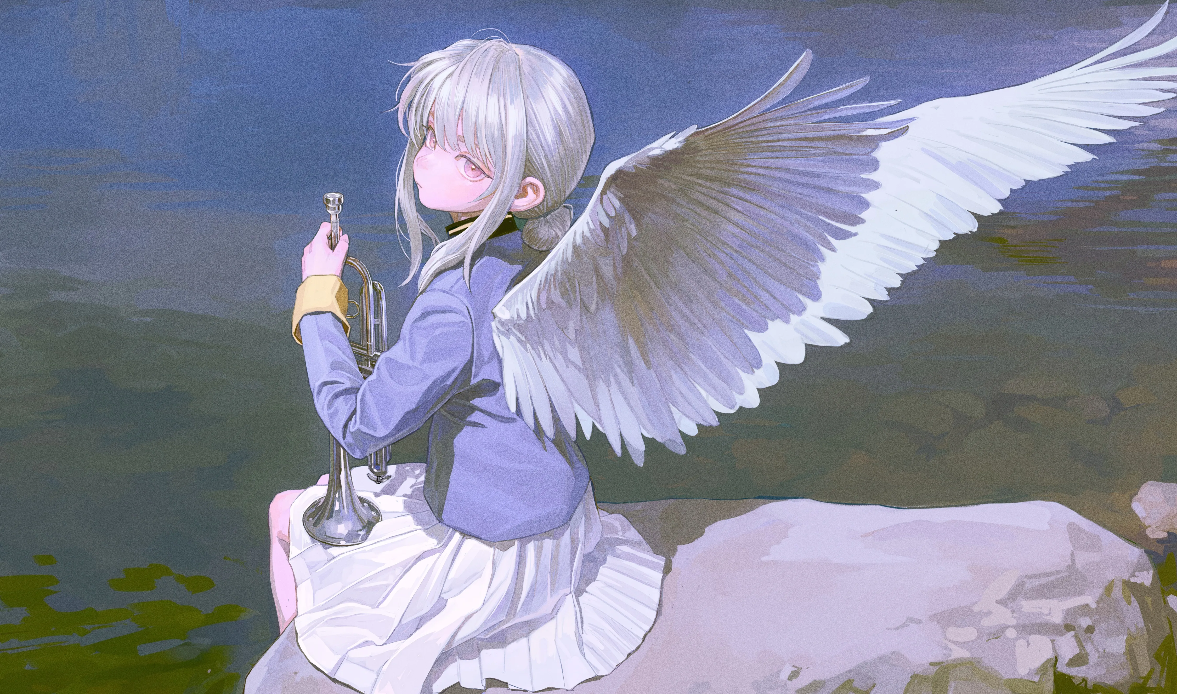 1girl,instrument,bangs,solo,closed_mouth,looking_back,sitting,angel_wings,sidelocks,jacket,rock,holding,horizontal,water,white_hair,white_skirt,white_wings,pleated_skirt,looking_at_viewer,skirt,pink_eyes,feathered_wings,wings,from_behind,blue_jacket,long_hair,long_sleeves
