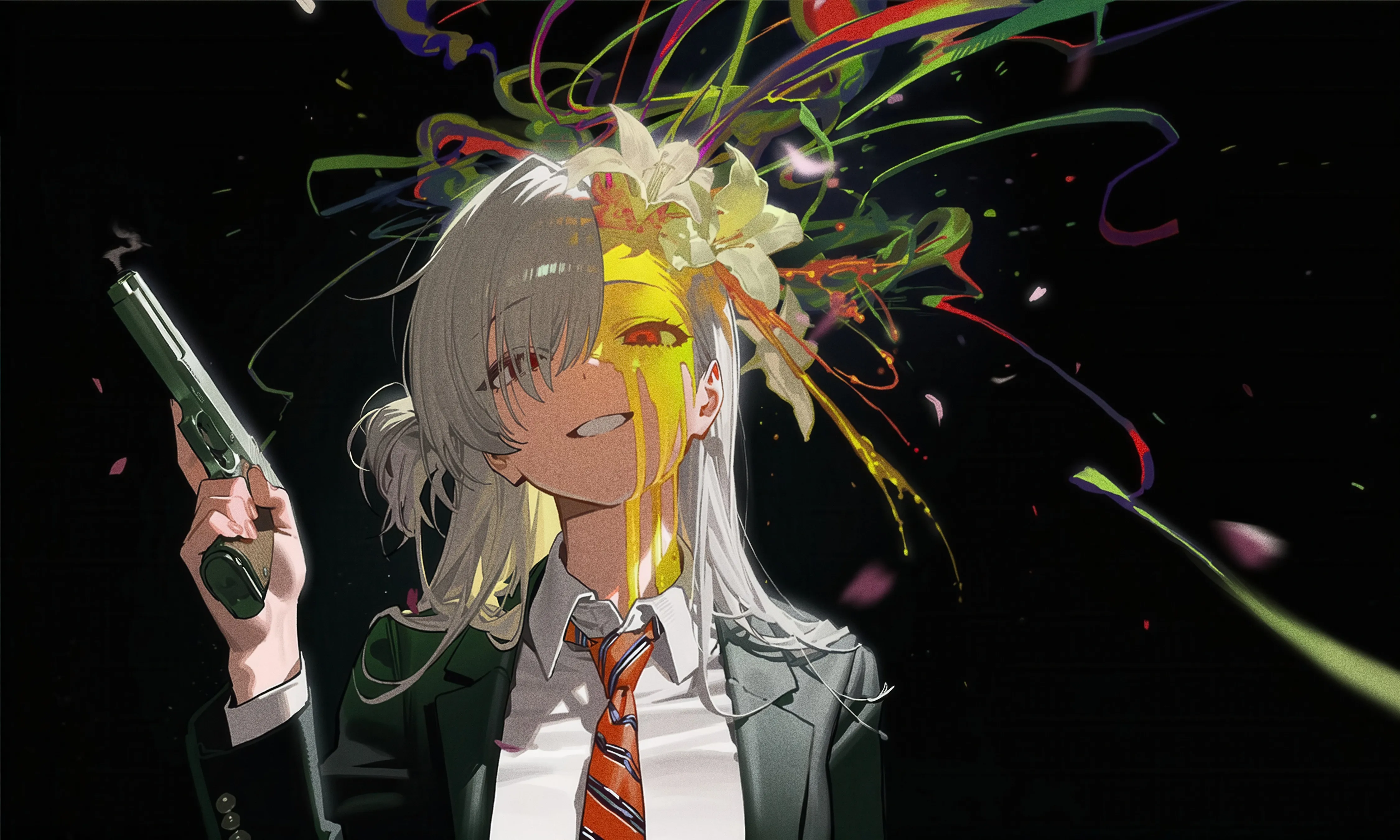 1girl,upper_body,bangs,solo,hair_flower,hair_ornament,jacket,holding_weapon,handgun,holding_gun,holding,collared_shirt,striped,striped_necktie,gun,gun_to_head,horizontal,formal,weapon,smoke,white_hair,white_shirt,looking_at_viewer,smile,red_eyes,red_necktie,petals,shirt,suit,eyes_visible_through_hair,long_hair,long_sleeves,grin,necktie,flower,black_jacket,black_background