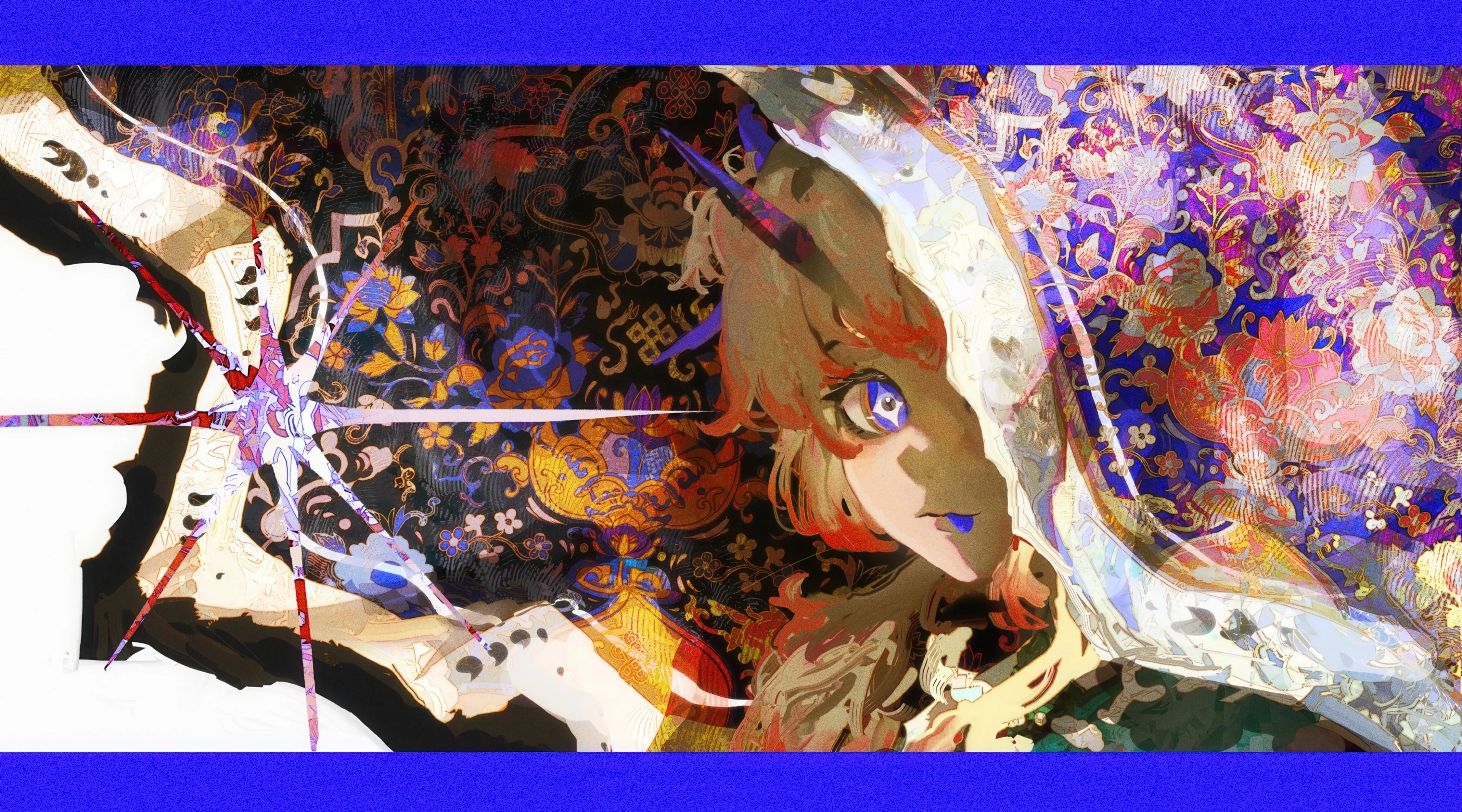 1girl,one_eye_covered,solo,tongue_out,colored_tongue,abstract,abstract_background,horizontal,letterboxed,looking_at_viewer,tongue,blue_eyes,blue_tongue,horns,blonde_hair,long_hair
