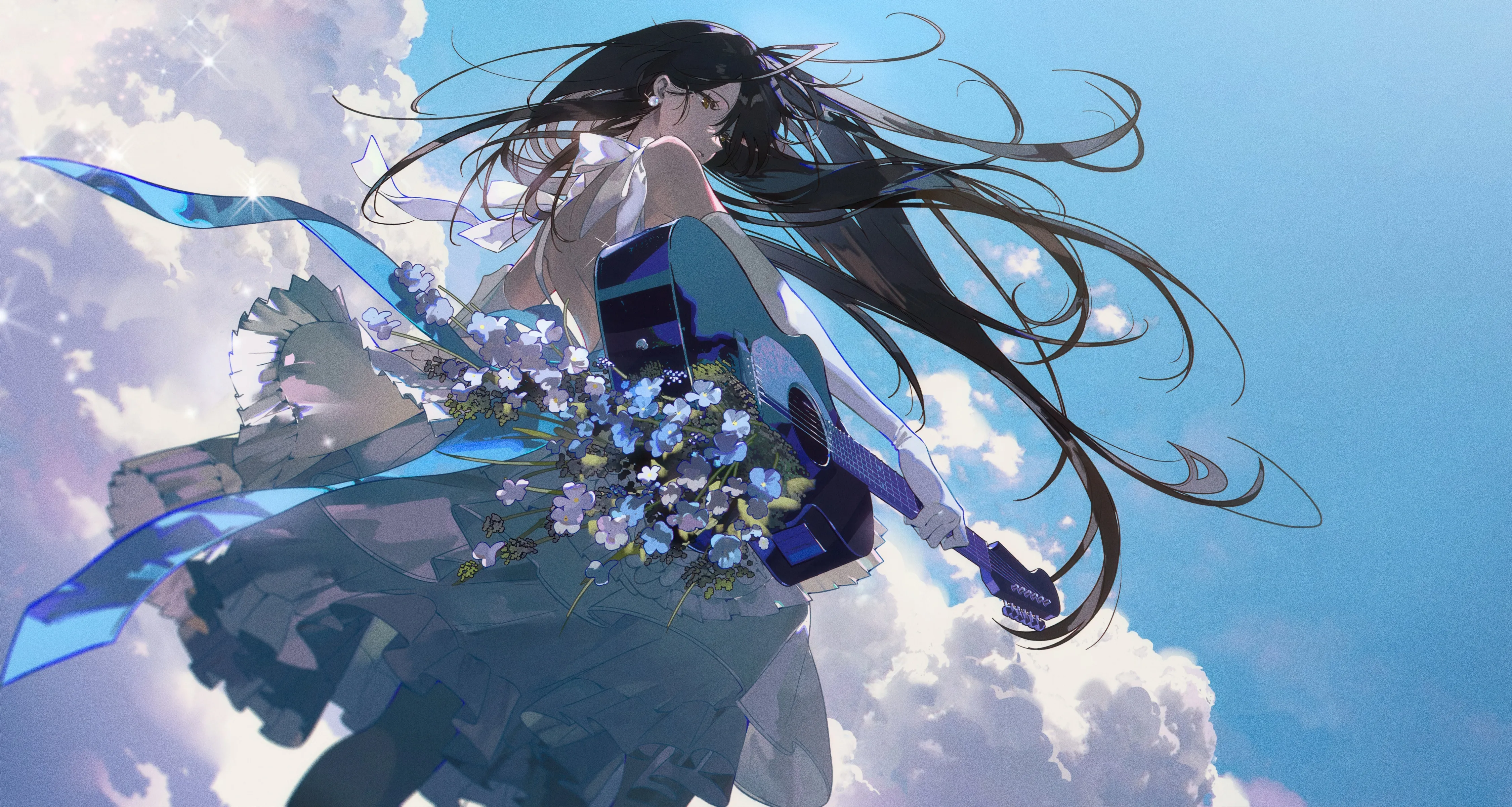 1girl,instrument,cloud,from_below,solo,closed_eyes,guitar,looking_back,cloudy_sky,sky,hair_ornament,very_long_hair,outdoors,holding_instrument,holding,horizontal,electric_guitar,day,white_dress,looking_at_viewer,standing,bouquet,blue_sky,blue_flower,dress,pantyhose,long_hair,floating_hair,flower,black_hair