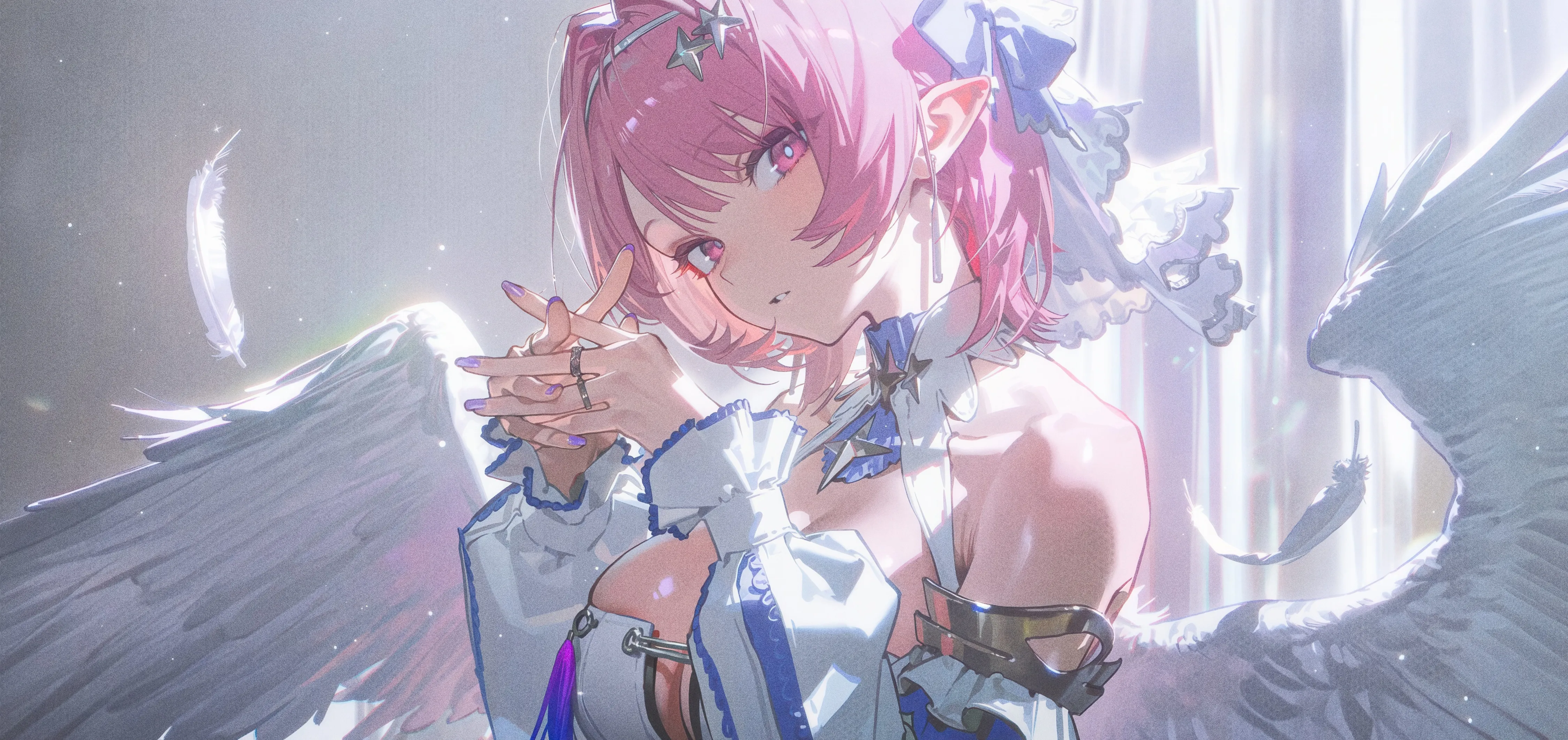 1girl,detached_sleeves,ribbon,breasts,cleavage,upper_body,bangs,interlocked_fingers,solo,hands_up,own_hands_clasped,own_hands_together,hairband,hair_ornament,pointy_ears,parted_lips,ring,nail_polish,horizontal,jewelry,white_dress,looking_at_viewer,short_hair,pink_hair,pink_eyes,purple_nails,feathers,feathered_wings,wings,earrings,bow,large_breasts,hair_intakes,dress,long_sleeves,bare_shoulders
